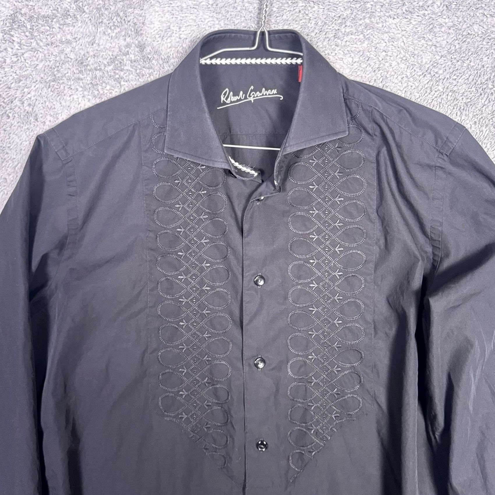 Robert Graham Robert Graham Shirt Mens 15.5/39 M French Cuff Dress Embroidered Notch Collar Black Geometric 100% Cotton Classic Mens Size 42R - 4 Thumbnail