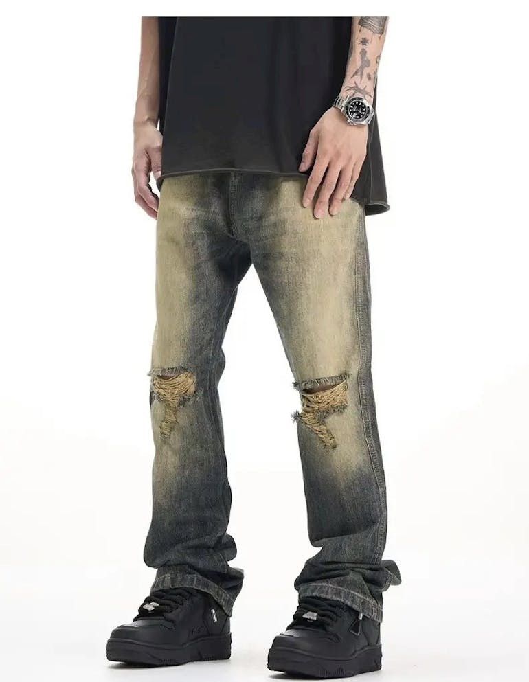 image of Ankle Ripped Gradient Washed Stacked Jeans Y2K Retro Style in Blue, Men's (Size 30)