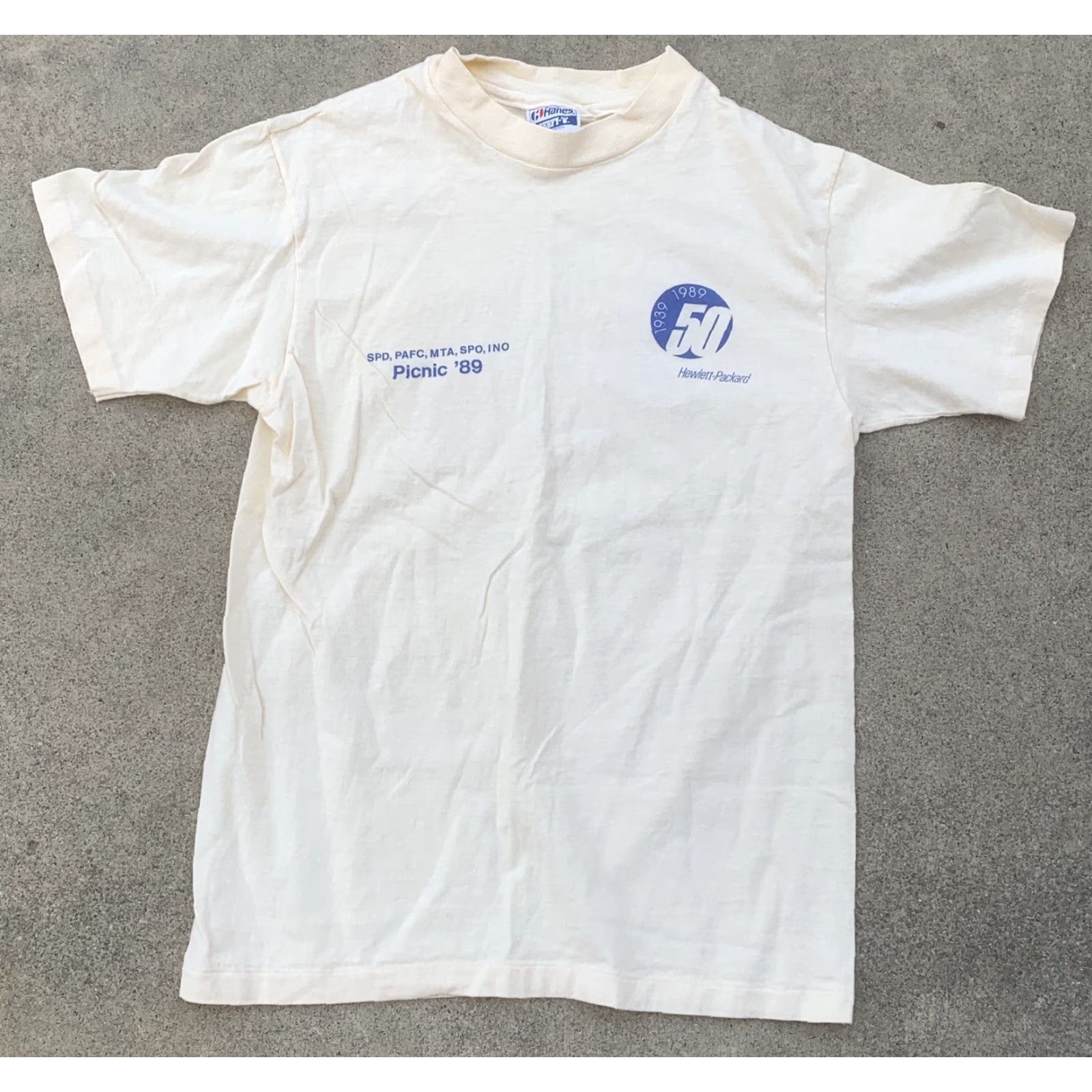 Hanes VINTAGE Hewlett-Packard 50 Years T-Shirt Graphic Tee Men M Ivory 100% Cotton Hanes BEEFY-T US 1989 Picnic ’89 HP M Size US M / EU 48-50 / 2 - 3 Thumbnail