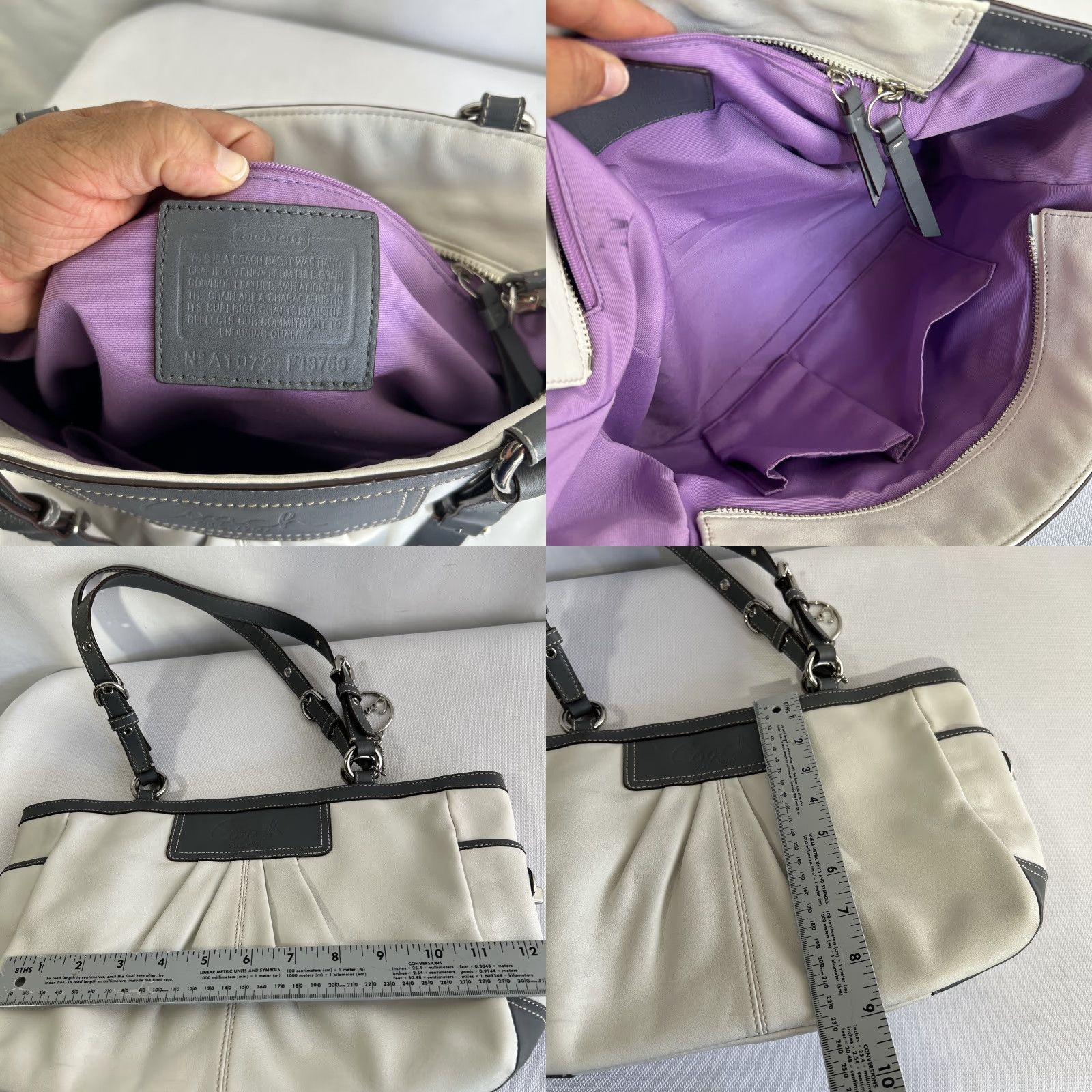 Coach Coach East West Gallery Tote Bag Leather Pleated Purse Gray White Two Tone Handbag Women Medium Size ONE SIZE - 8 Thumbnail