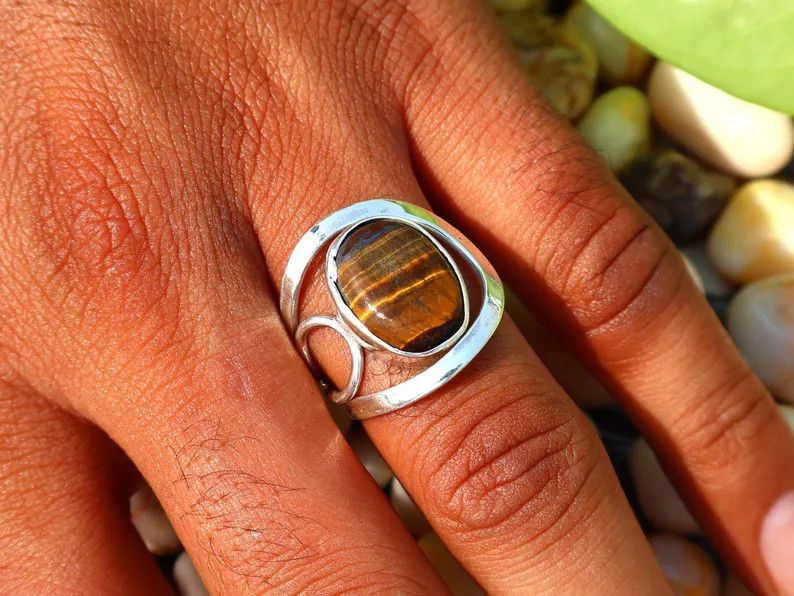 Handmade Tiger's Eye Ring, 925 Silver Ring, Handmade Oval Gemstone, Size ONE SIZE - 9 Thumbnail