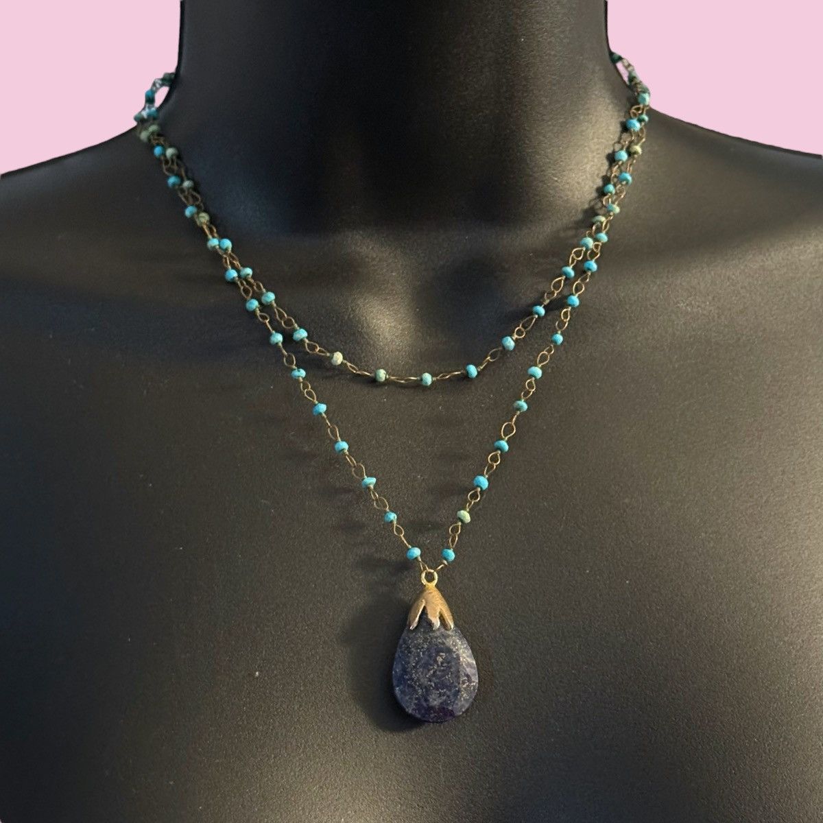 Vintage Vintage station bead necklace Lapis Lazuli tear drop pendant Size ONE SIZE - 1 Thumbnail