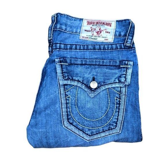 Rare True Religion Jeans Size 34 STRAIGHT FLAP OUTLINE MIDNI
