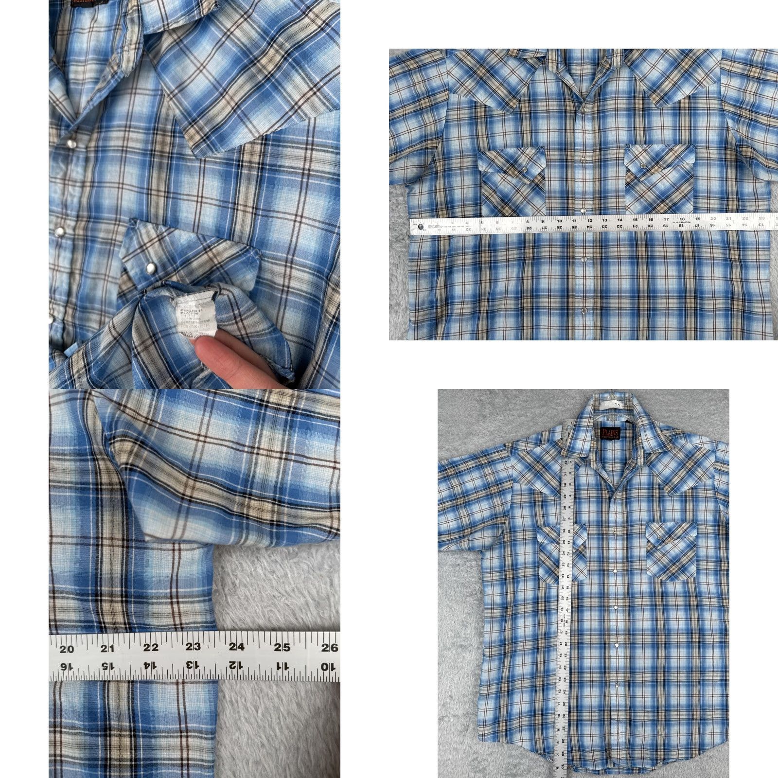 Vintage plains Shirt Men Large Blue Plaid Western Pearl Snap Rodeo Poly Blen Size US L / EU 52-54 / 3 - 8 Thumbnail