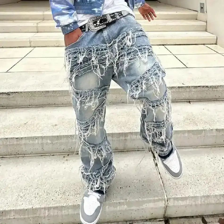 Japanese Brand High Street Loose Male Stacked Spliced Straight Denim Pants Size US 32 / EU 48 - 2 Thumbnail