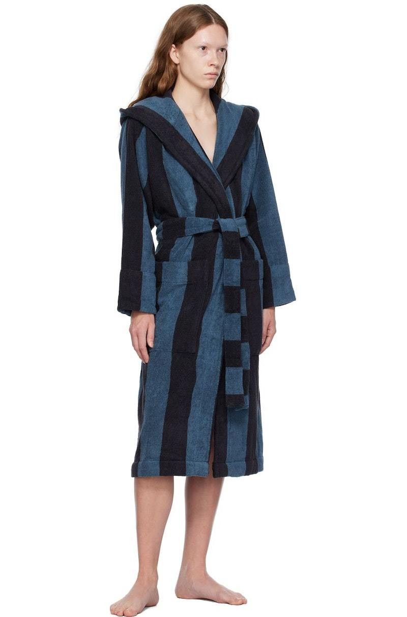 Tekla o1mle0525 Unisex Hooded Bathrobe Coats in Blue & Dusty Navy Size XS / US 0-2 / IT 36-38 - 4 Thumbnail