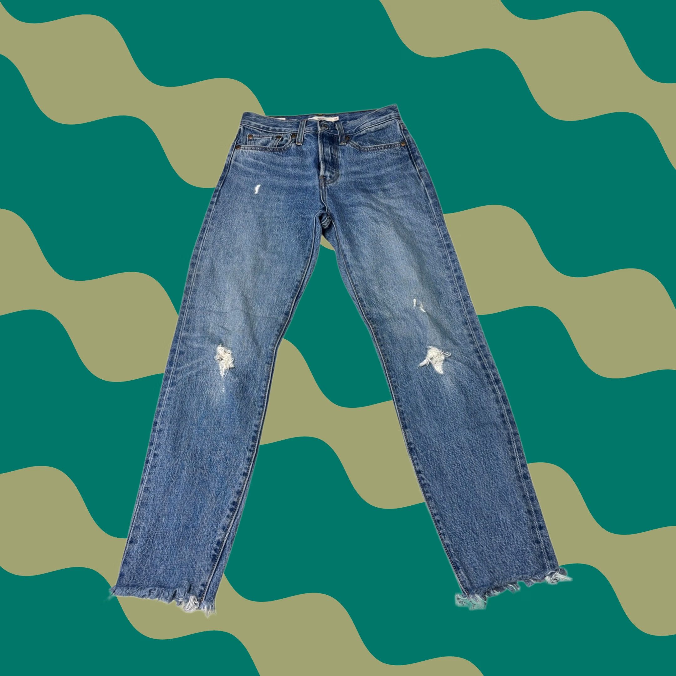 Levi's VINTAGE Levis Premium Wedgie Straight Jeans Blue Distressed Raw Hem Womens 24X27 Size 42" / US 20 - 1 Thumbnail