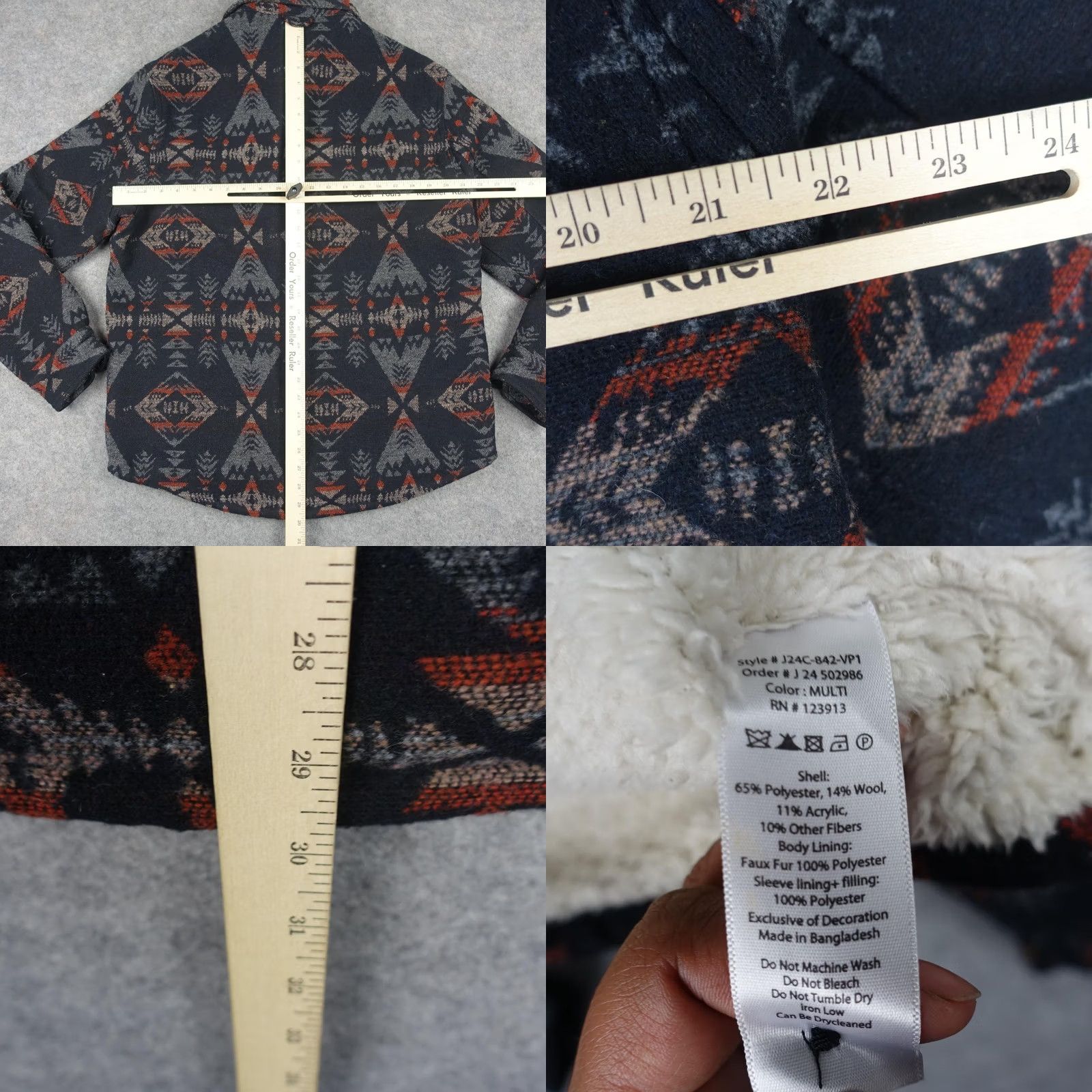 Vintage JACHS Shirt Jacket Mens L Black Aztec Sherpa Lined Shacket Wool Geometric Flannel Polyester Mid-Length Button Casual Travel Size US L / EU 52-54 / 3 - 9 Thumbnail