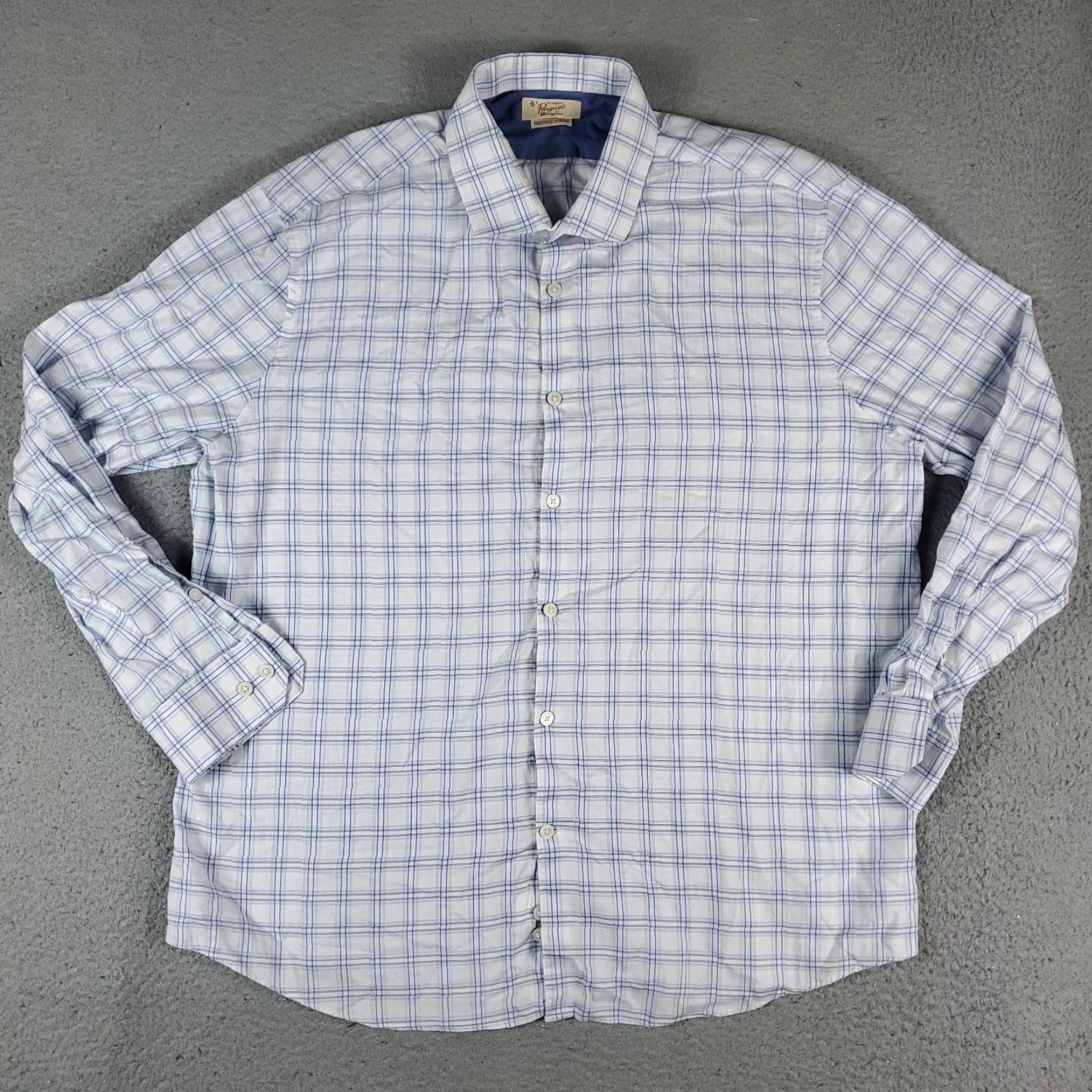 Vintage Penguin Dress Shirt Mens 17.5 Blue Plaid Long Sleeve Button Up Shirt Regular Fit Casual/Workwear Size 46R - 2 Thumbnail