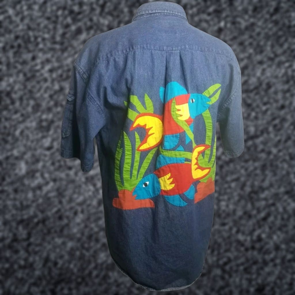 Vintage VINTAGE Oxygen Denim Shirt Mens L Wing Collar Embroidered Fish Button-Up 1990s Blue Short Sleeve 70s 80s 90s Mens Size L / US 10 / IT 46 - 1 Thumbnail