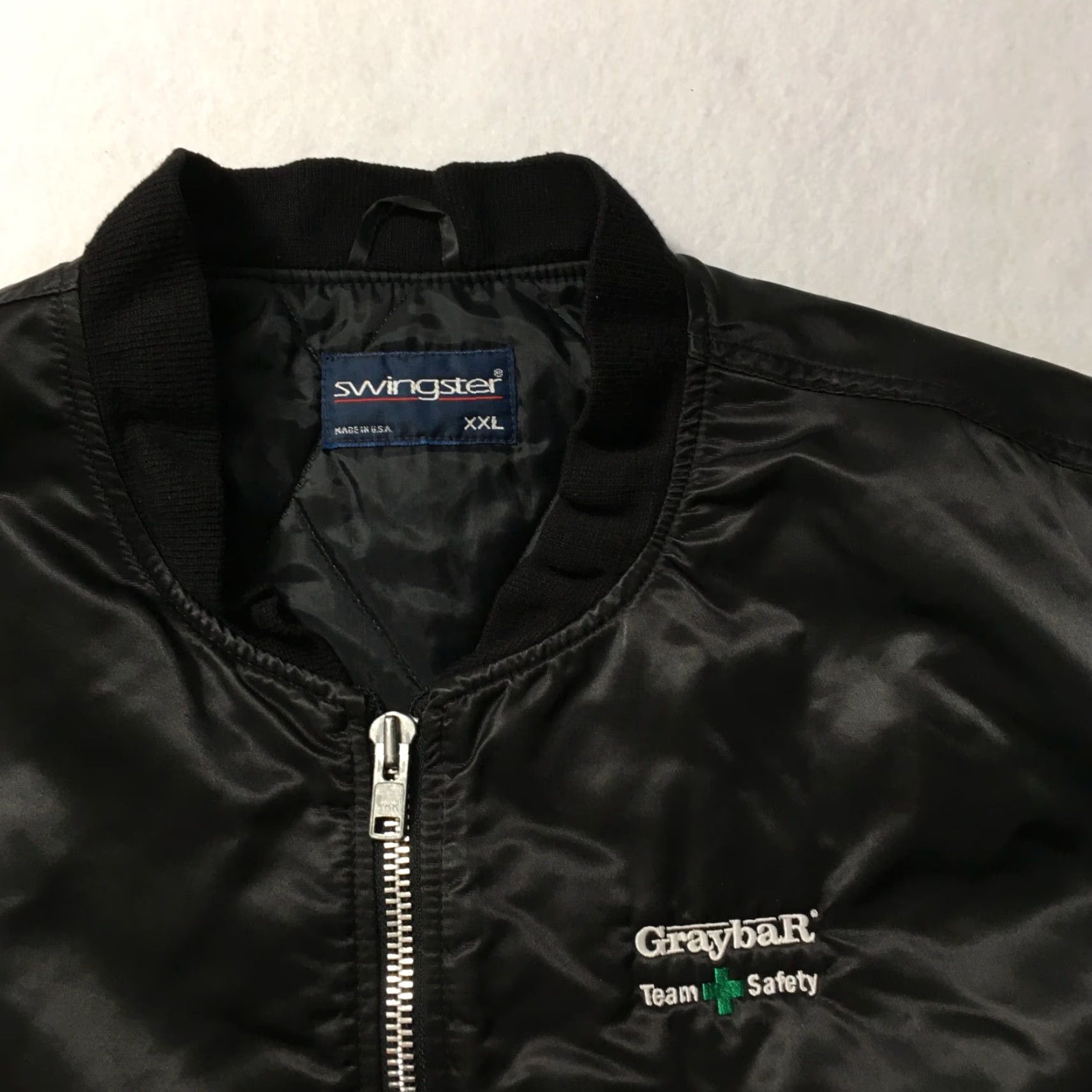Vintage VINTAGE Swingster Bomber Jacket - 2XL Satin Nylon Black - Graybar Team Safety Police Security Embroidered Logo 80s 90s Mens Size US XXL / EU 58 / 5 - 2 Thumbnail