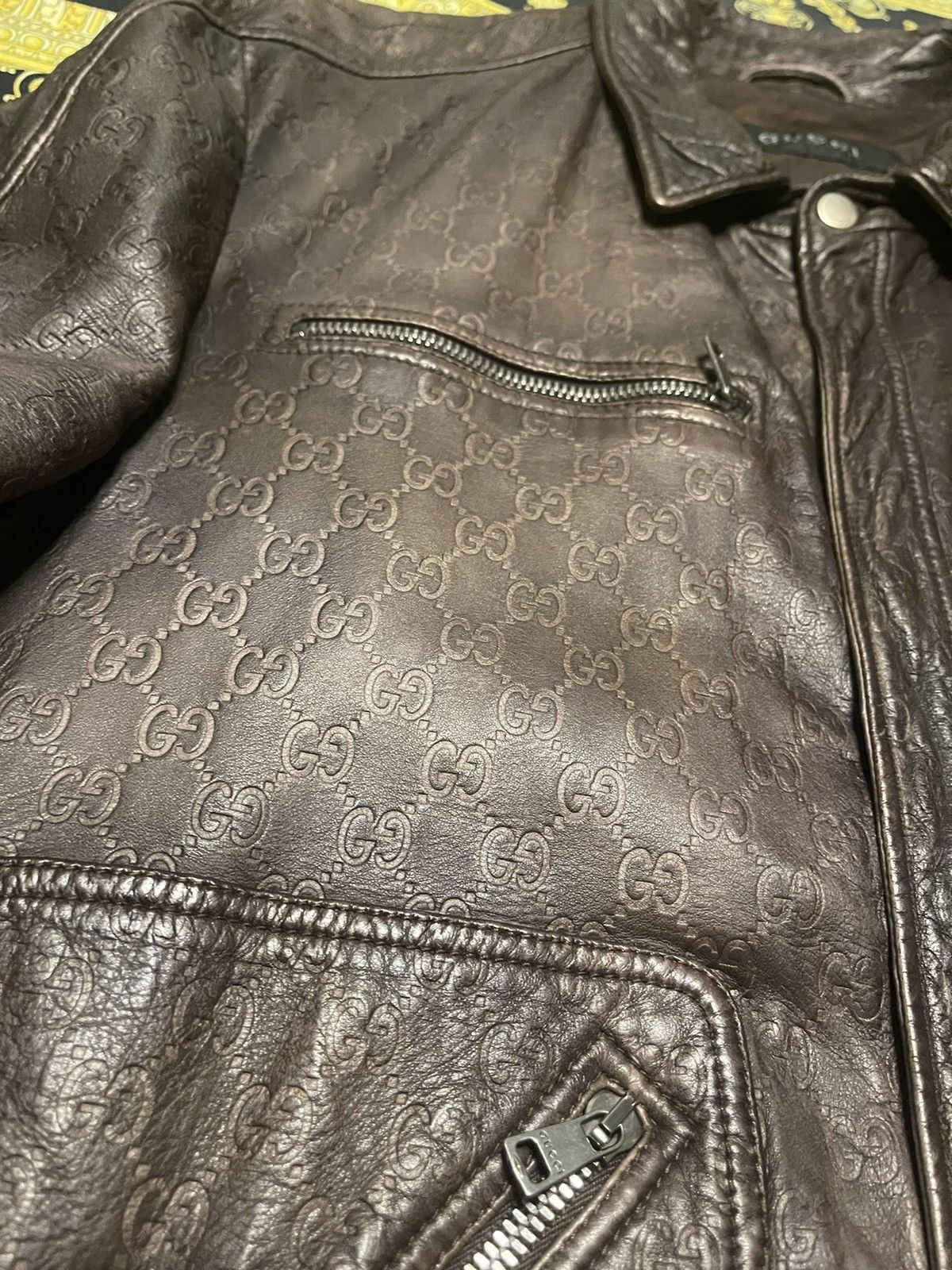 Gucci 100% AUTHENTIC GUCCI GG MONOGRAM BIKER LEATHER BROWN JACKET Size US L / EU 52-54 / 3 - 2 Thumbnail