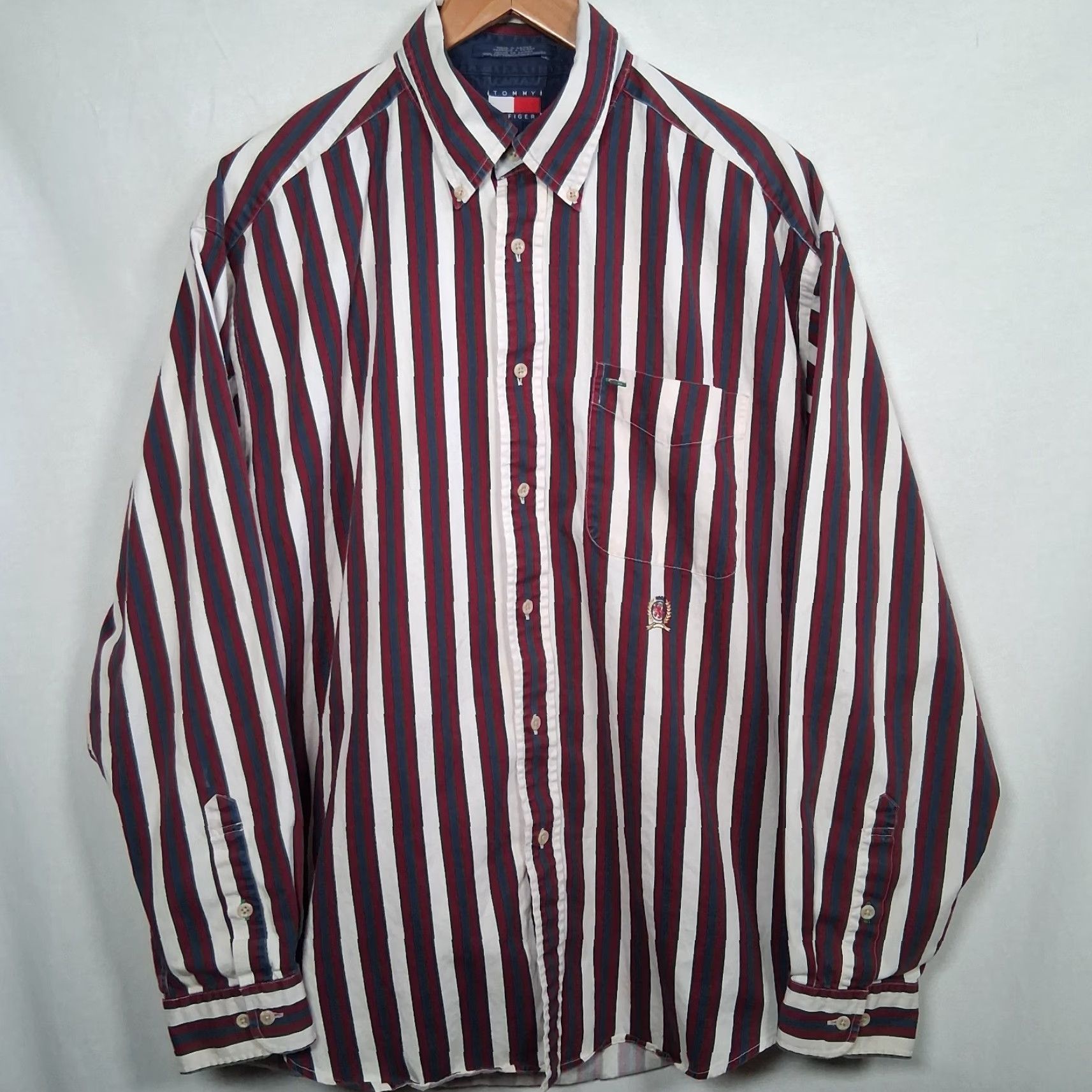 Tommy Hilfiger VINTAGE Tommy Hilfiger Shirt Men L Maroon Navy Retro Stripe Crest Buttons-Down Collar 1990s Cotton Long Sleeve Size US L / EU 52-54 / 3 - 2 Thumbnail