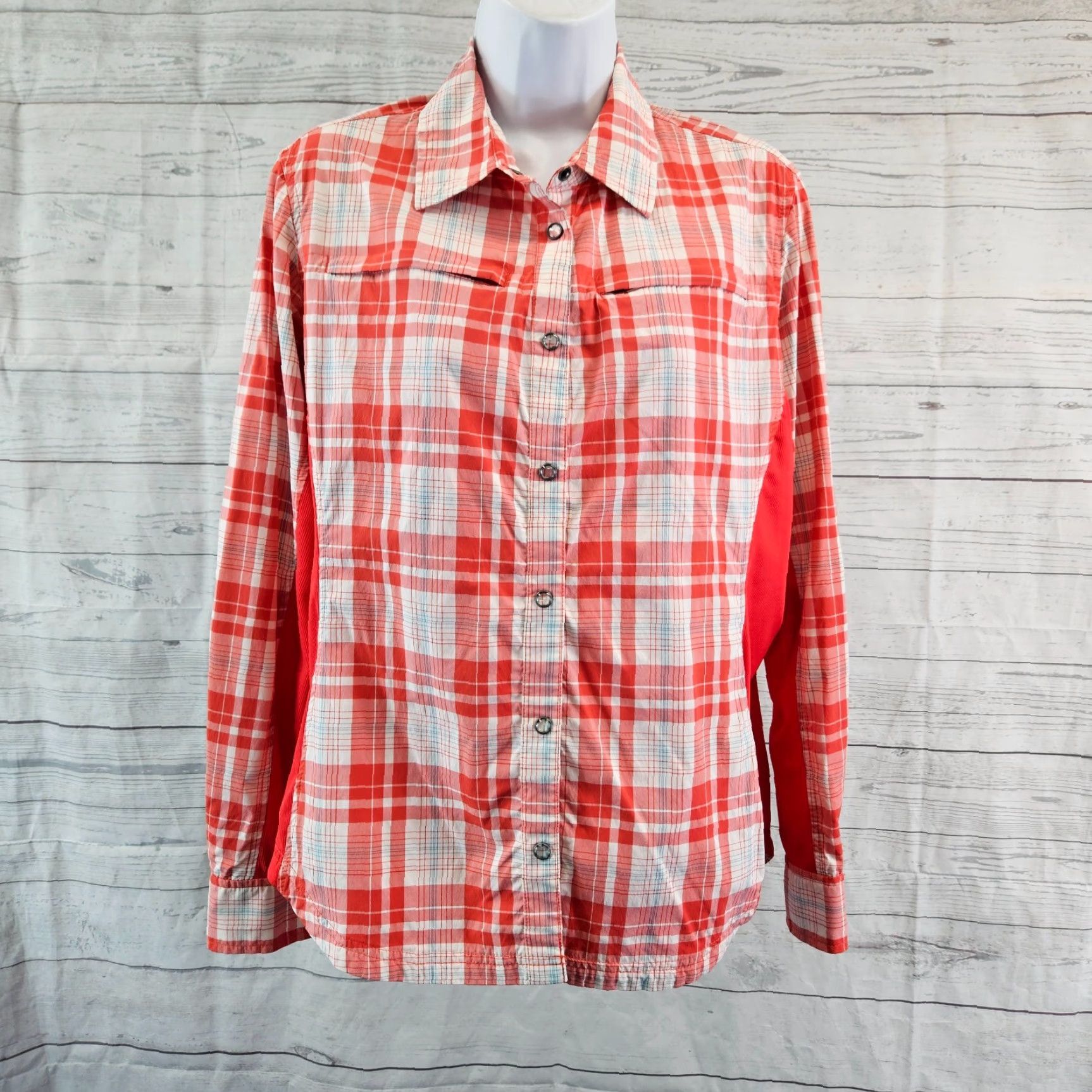 Eddie Bauer VINTAGE Eddie Bauer First Ascent Womens Snap Button Top Sz Large Red White Plaid Size L / US 10 / IT 46 - 2 Thumbnail