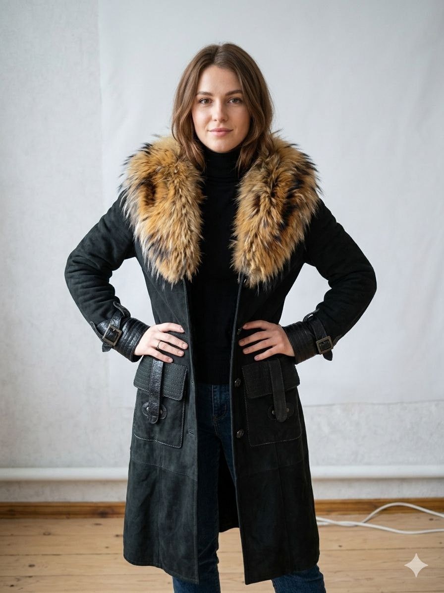 Other Luxury Black Shearling Coat with Genuine Fox Fur Collar Size M / US 6-8 / IT 42-44 - 1 Thumbnail