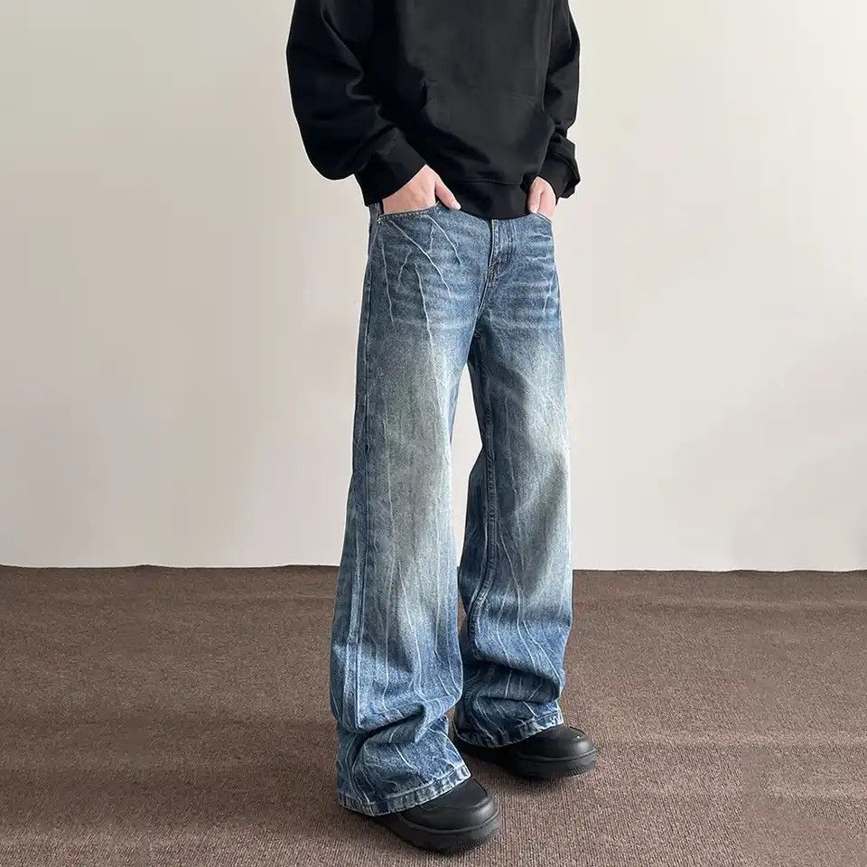 image of Washed Dirty Baggy Blue Jeans, Men's (Size 35)