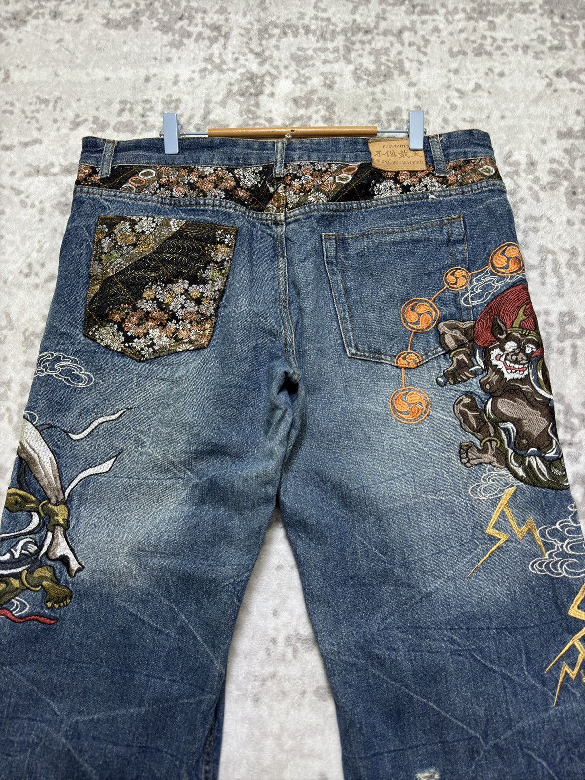 Japanese Brand Fugutaiten Y2K Japanese Embroidered Denim Fujin Raijin Size US 38 / EU 54 - 9 Thumbnail