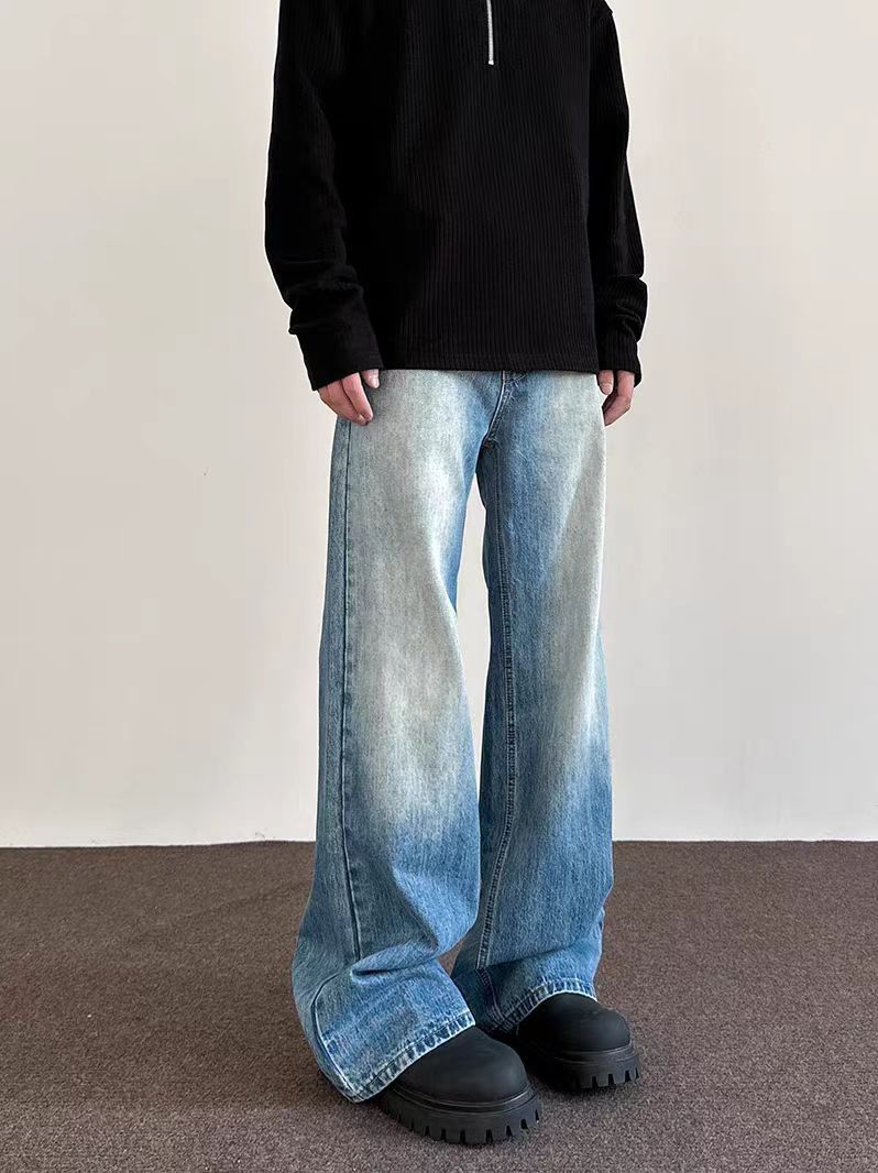 Street hip-hop faded pan-color straight wide-leg jeans