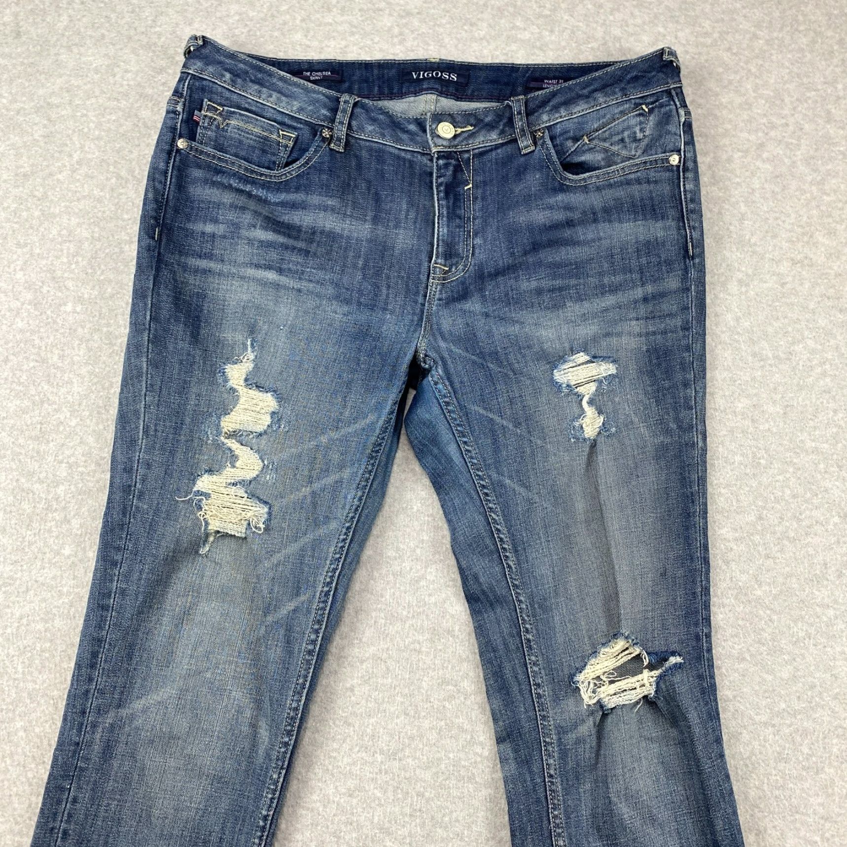 Vintage VIGOSS The Chelsea Skinny Jeans Womens 35 x 30 Blue Distressed Stretch Denim Skinny Pants Regular Blue Womens Size 24" / US 00 / IT 34 - 2 Thumbnail