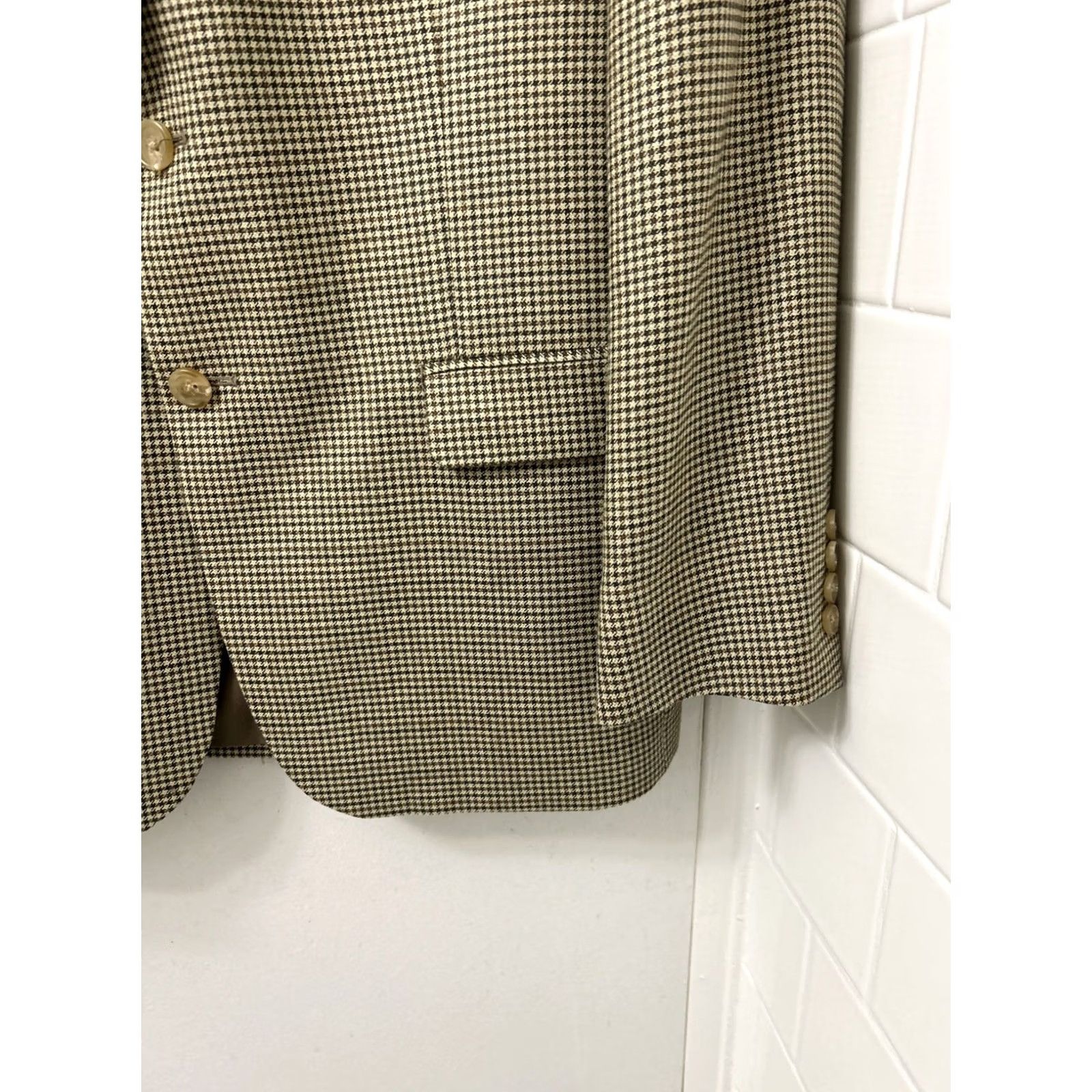 Ralph Lauren VINTAGE Lauren Ralph Lauren Blazer Mens 40S Brown Houndstooth Wool Silk Blend Jacket Coat Regular Notch Two-Button Front Size 40R - 4 Thumbnail