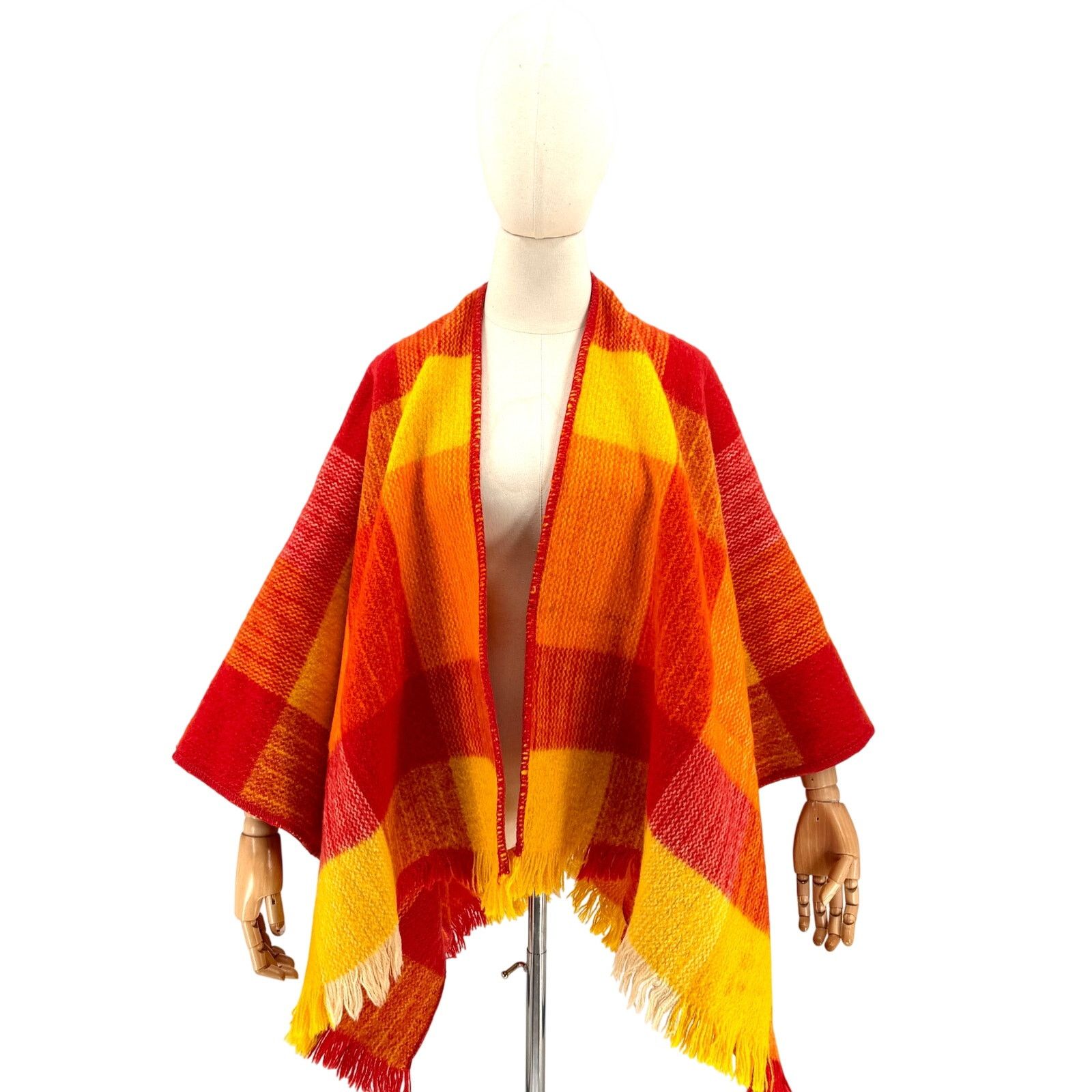 Vintage Vintage 60s Red Orange 100% Wool Plaid Ruana Poncho Size ONE SIZE - 1 Thumbnail
