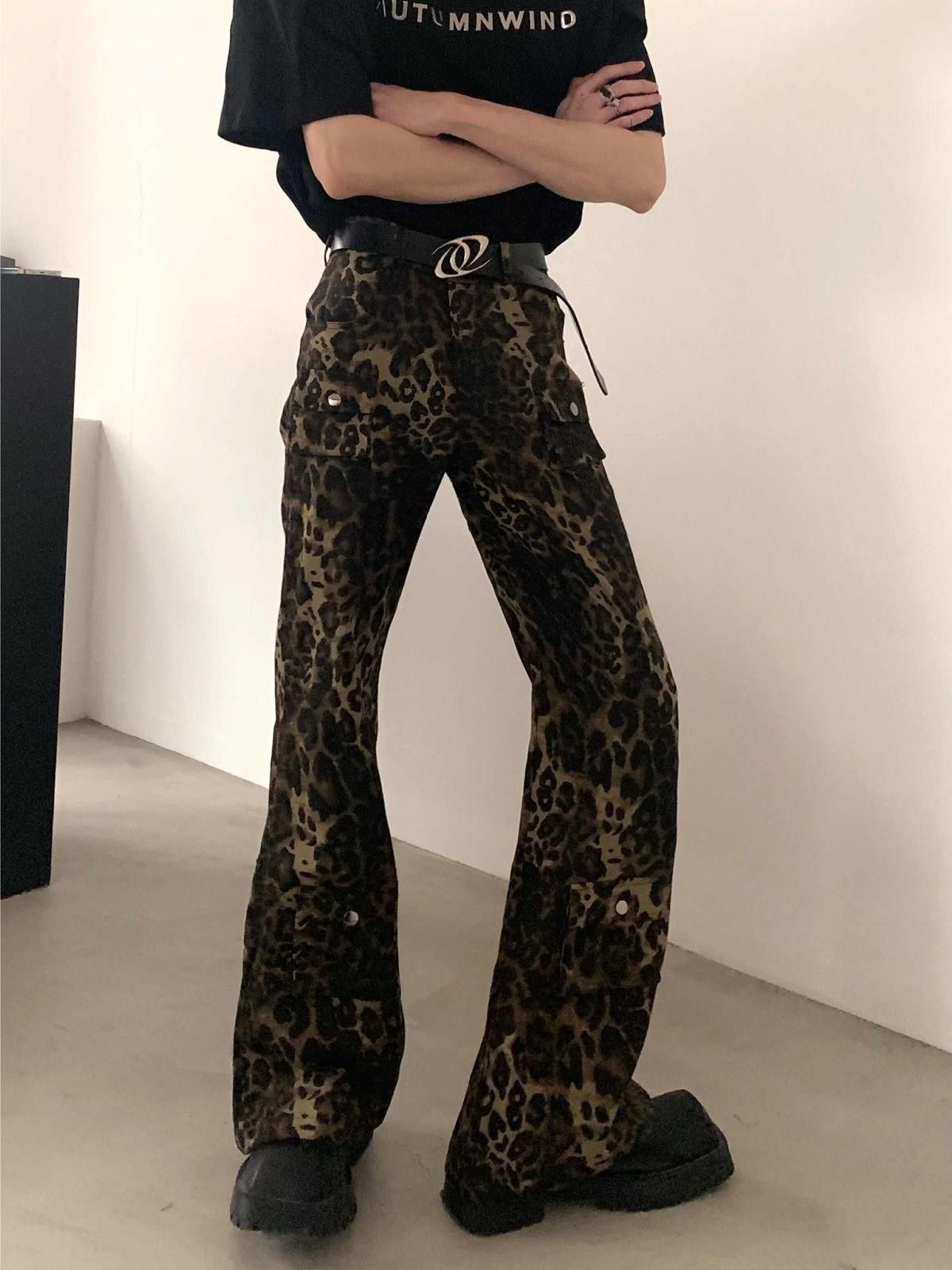 Leopard Print Cargo Pants Flared Pants