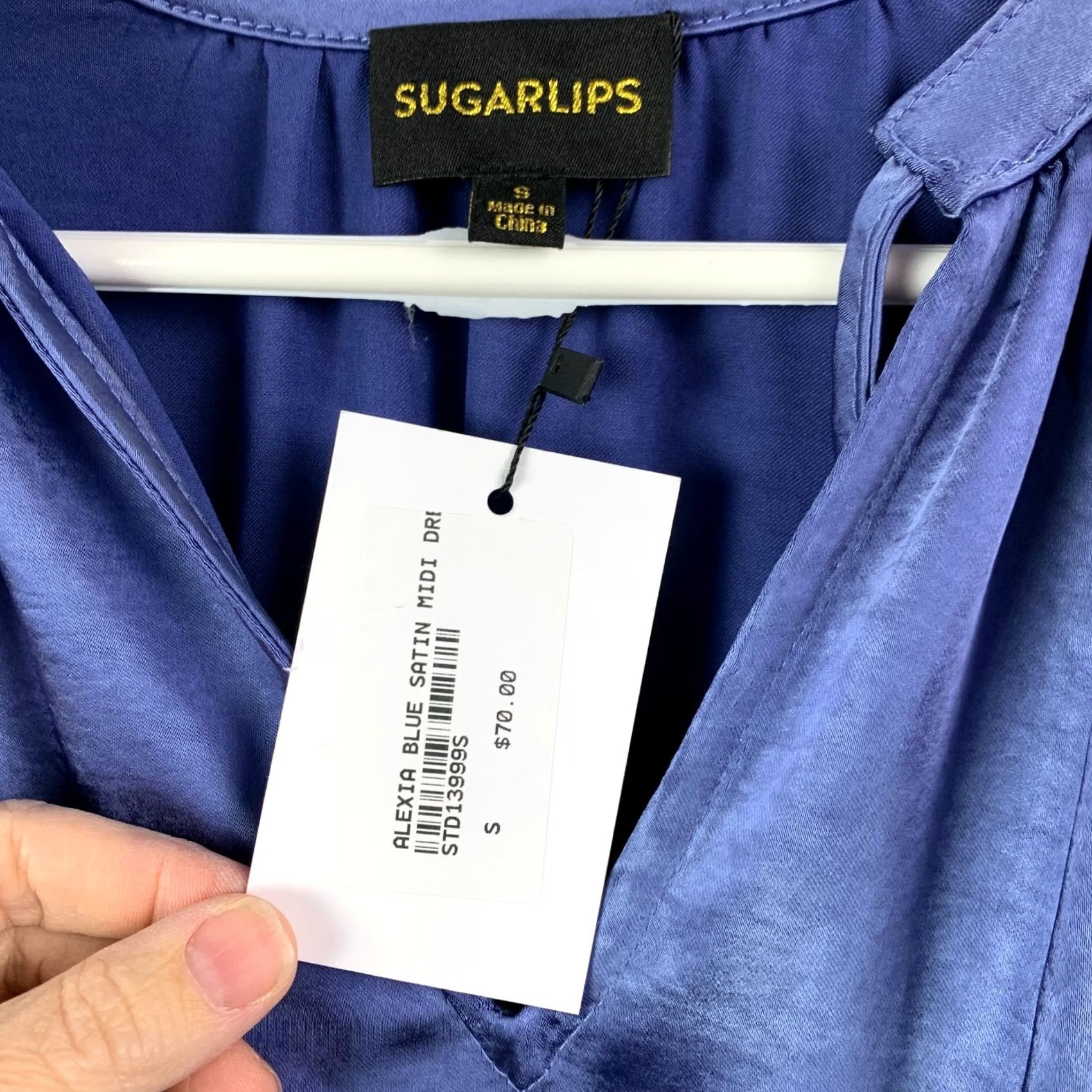 Sugar Sugarlips Sugar Lips Blue Satin Boutique Midi Dress S NWT Long Sleeve Cap Sleeve Fit & Flare Casual Party/Cocktail Travel Womens Modern Satin Dress Size S / US 4 / IT 40 - 3 Thumbnail