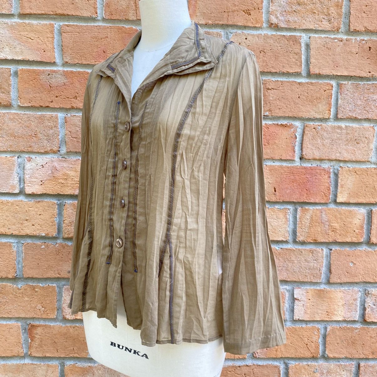 Japanese Brand Hiroko BIS Camel Beige Crinkle Button-Up Blouse Size L / US 10 / IT 46 - 16 Thumbnail