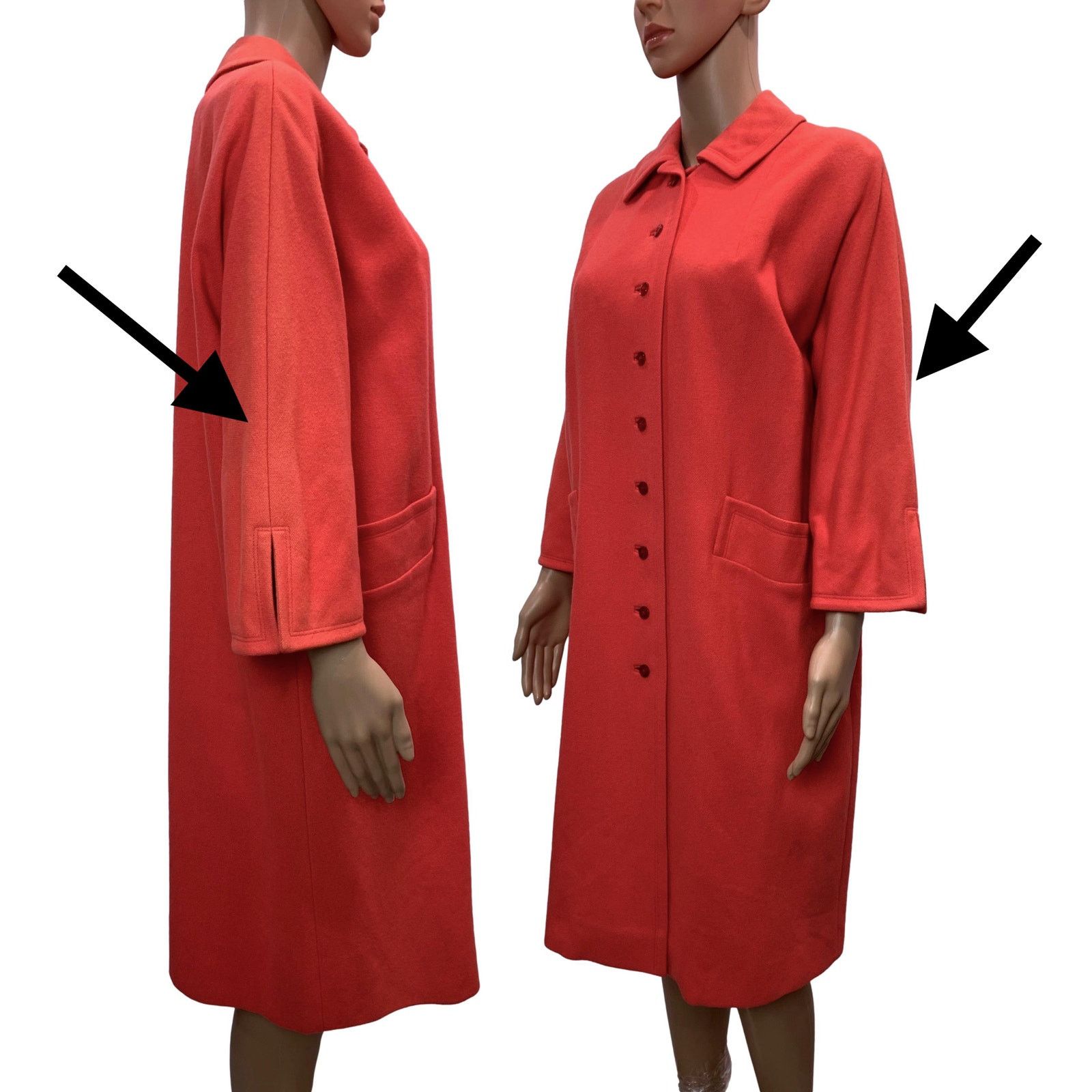 Vintage 60s Coral Orange Pink Wool Midi Coat | Overcoat Mid Century Size S / US 4 / IT 40 - 9 Thumbnail