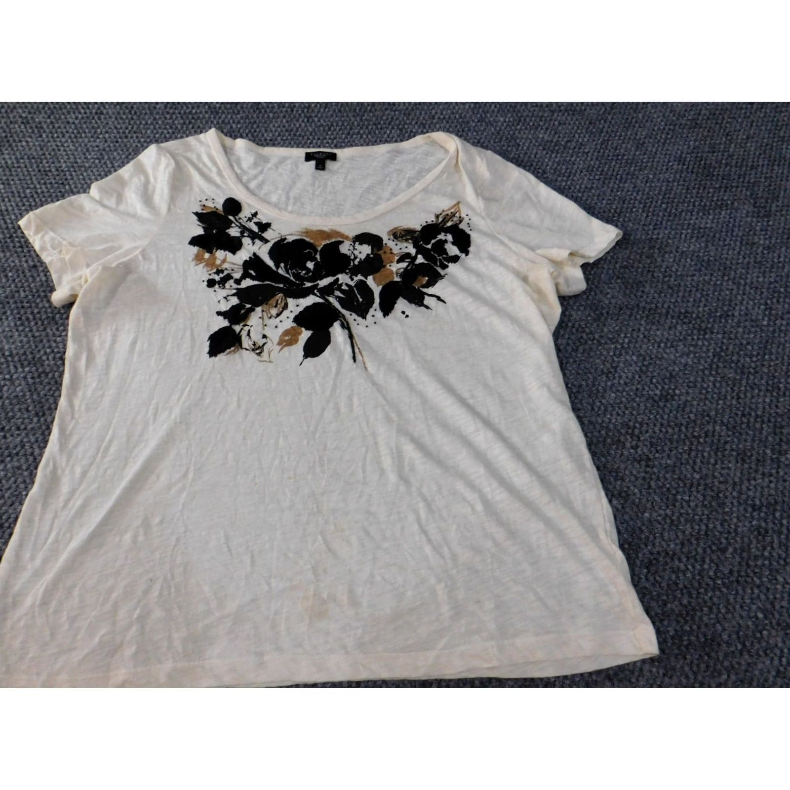 Talbots Talbots Blouse 1X Women Beige Floral Cotton Rayon Short Sleeve Pullover Round Neck Casual Classic Graphic Size XL / US 12-14 / IT 48-50 - 3 Thumbnail