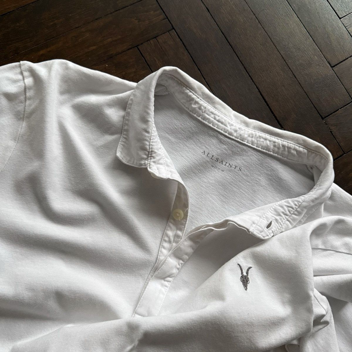 Allsaints AllSaints Mens White Long Sleeve Ramskull Logo Polo Shirt Size US M / EU 48-50 / 2 - 6 Thumbnail