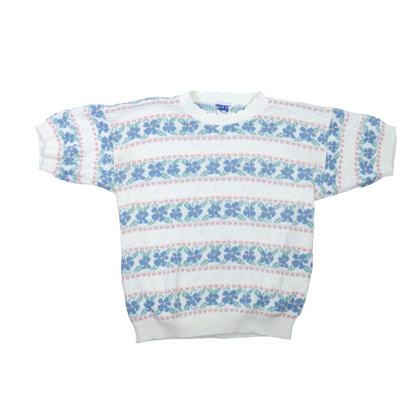 Vintage VINTAGE 80s Cape Cod Cream Blue Floral Stripe Short Sleeve Knit Sweater M Womens Size M / US 6-8 / IT 42-44 - 5 Thumbnail