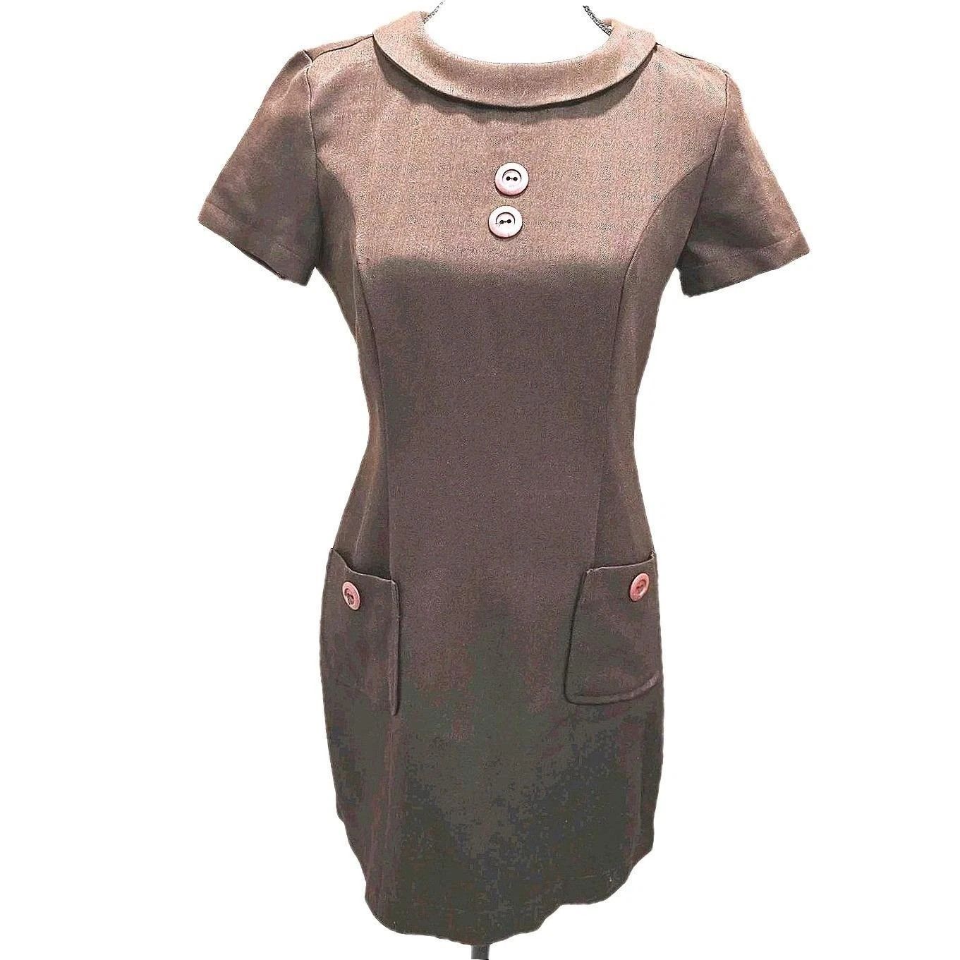Vintage VTG 90s Wrapper USA Brown Mod Shift Mini Dress Size 3/4 Size XS / US 0-2 / IT 36-38 - 2 Thumbnail