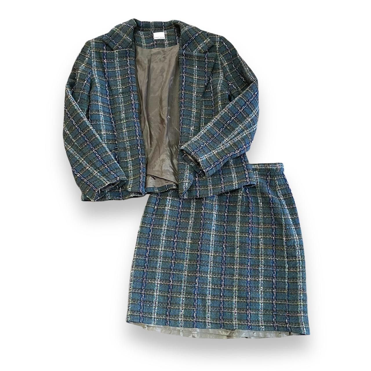 Designer Vintage Green Tweed Plaid Blazer & Skirt Set Size L / US 10 / IT 46 - 1 Thumbnail