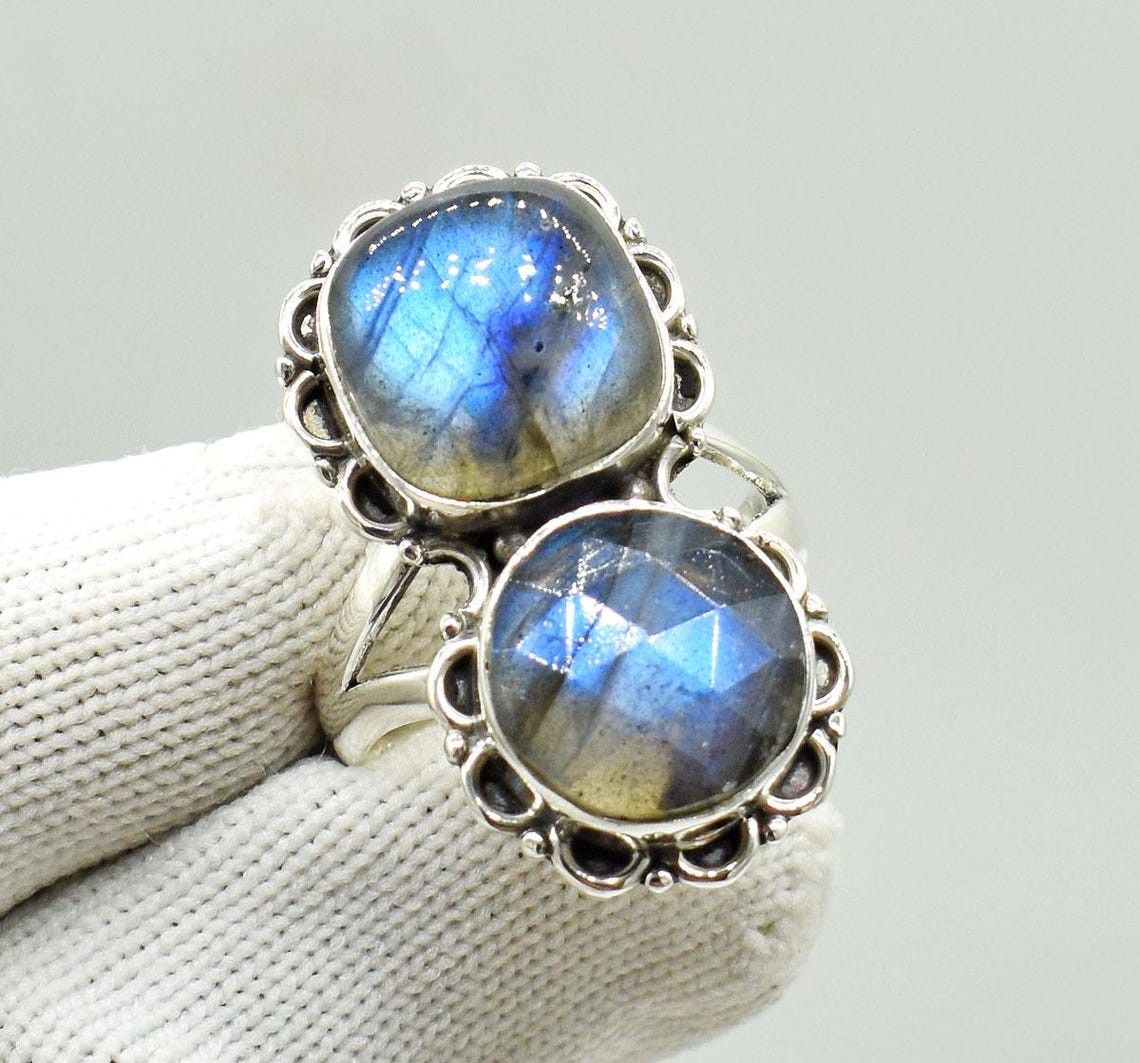 Handmade Blue Fire Labradorite 925K Silver Ring Handmade Boho Jewelry Size ONE SIZE - 6 Thumbnail