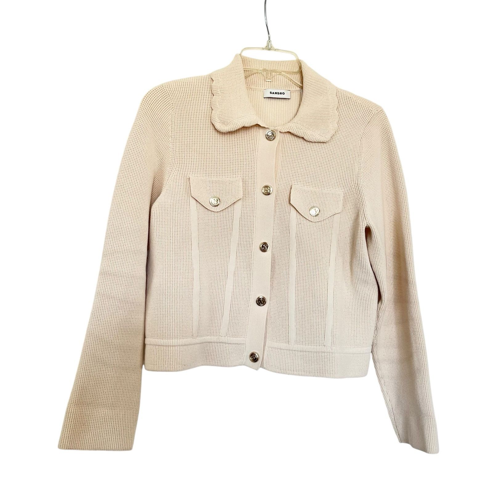 Sandro Sandro Paco Cream Waffle Knit Cardigan Sweater Jacket Size M / US 6-8 / IT 42-44 - 3 Thumbnail
