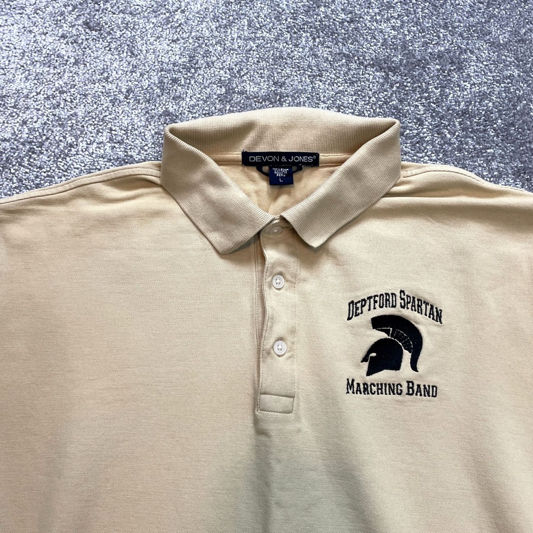 Vintage Devon & Jones Polo Shirt Mens Large Brown Beige Deptford Spartan Marching Band Shirt Knit Short Sleeve Casual Size US L / EU 52-54 / 3 - 2 Thumbnail