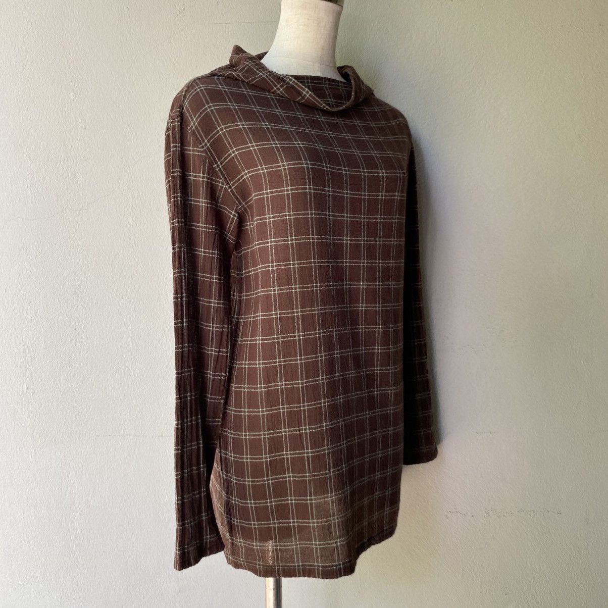 Issey Miyake Plantation Brown Plaid Long Sleeve Hoodie Top Size M / US 6-8 / IT 42-44 - 6 Thumbnail