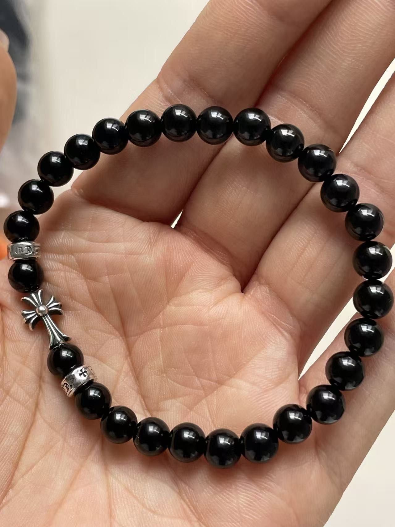 Chrome Hearts Chrome Hearts 6mm Obsidian 3 Silver Cross Bracelet Size ONE SIZE - 5 Thumbnail
