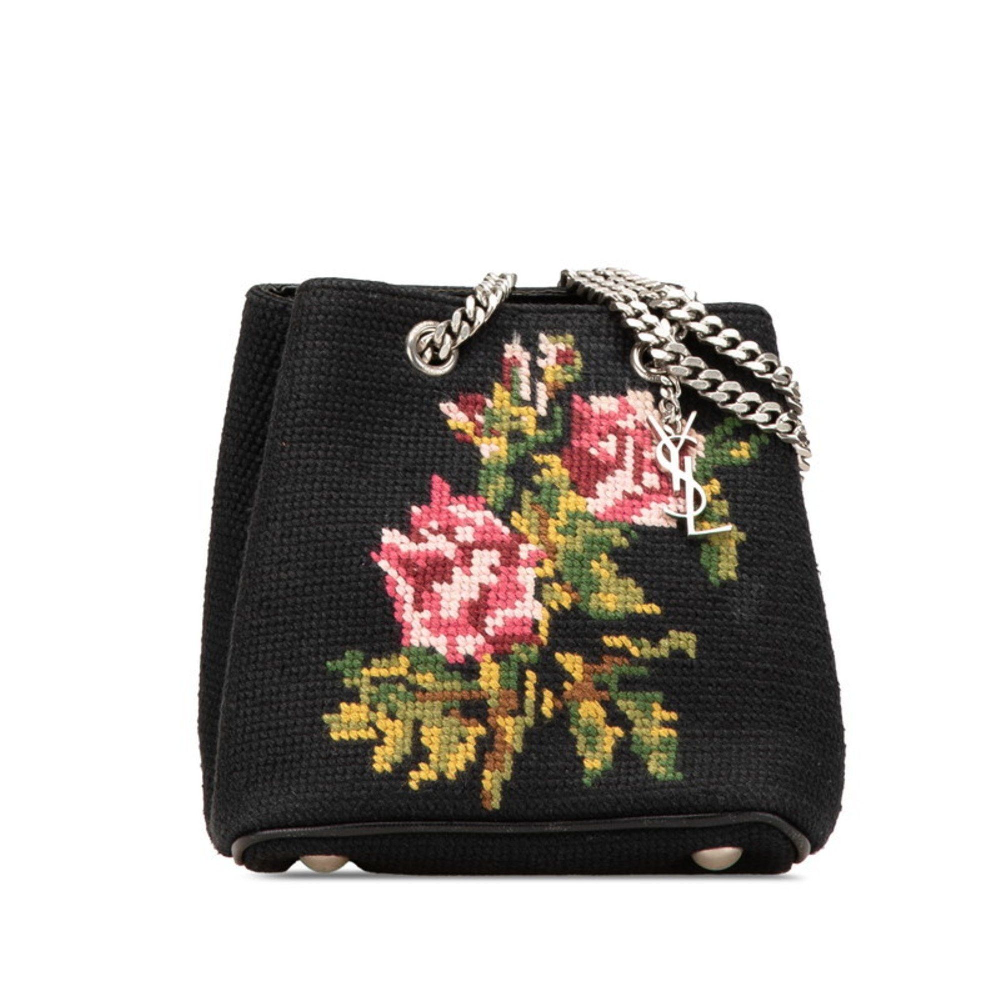 Saint Laurent Paris Saint Laurent Flower Motif Chain Shoulder Bag Black Multicolor Canvas Women's Saint Laurent