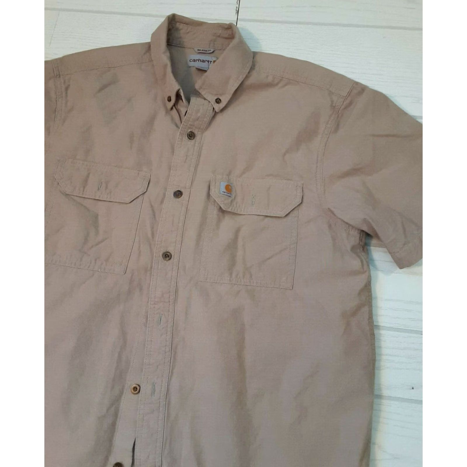 Carhartt VINTAGE Carharrtt Short Sleeve Full Button Working Shirt LG Men Khaki 90s Pockets Size US L / EU 52-54 / 3 - 3 Thumbnail