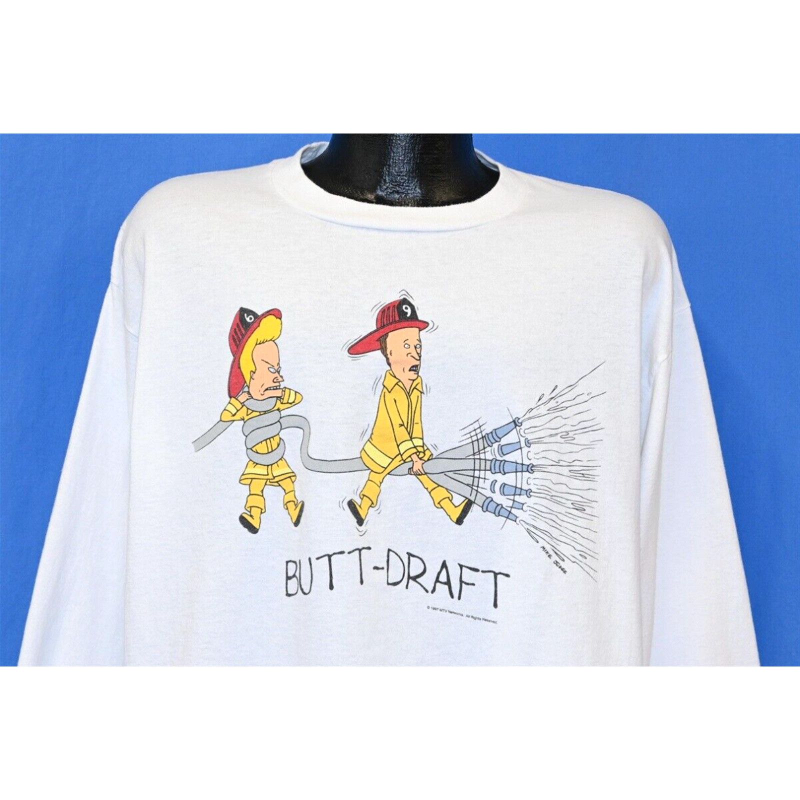 image of Vintage VTG 90's Beavis Butt Head Draft Firefighter Mtv Backdraft Spoof Long sleeve T-Shirt XL in W