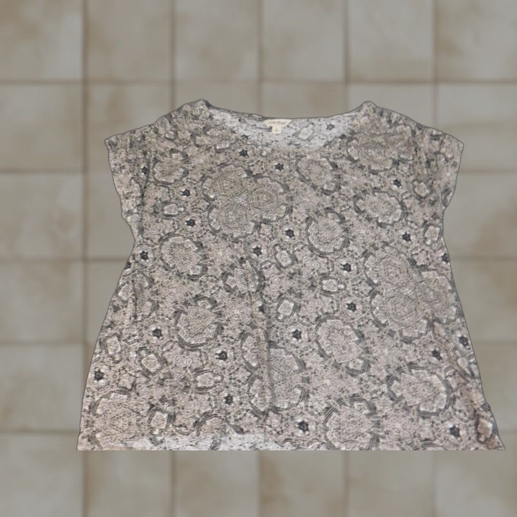Lucky Brand Lucky Brand Blouse Shirt Womens L Beige Geometric Stretch Crew Neck Pullover Casual Linen Rayon Button Classic/Regular Size L / US 10 / IT 46 - 1 Thumbnail