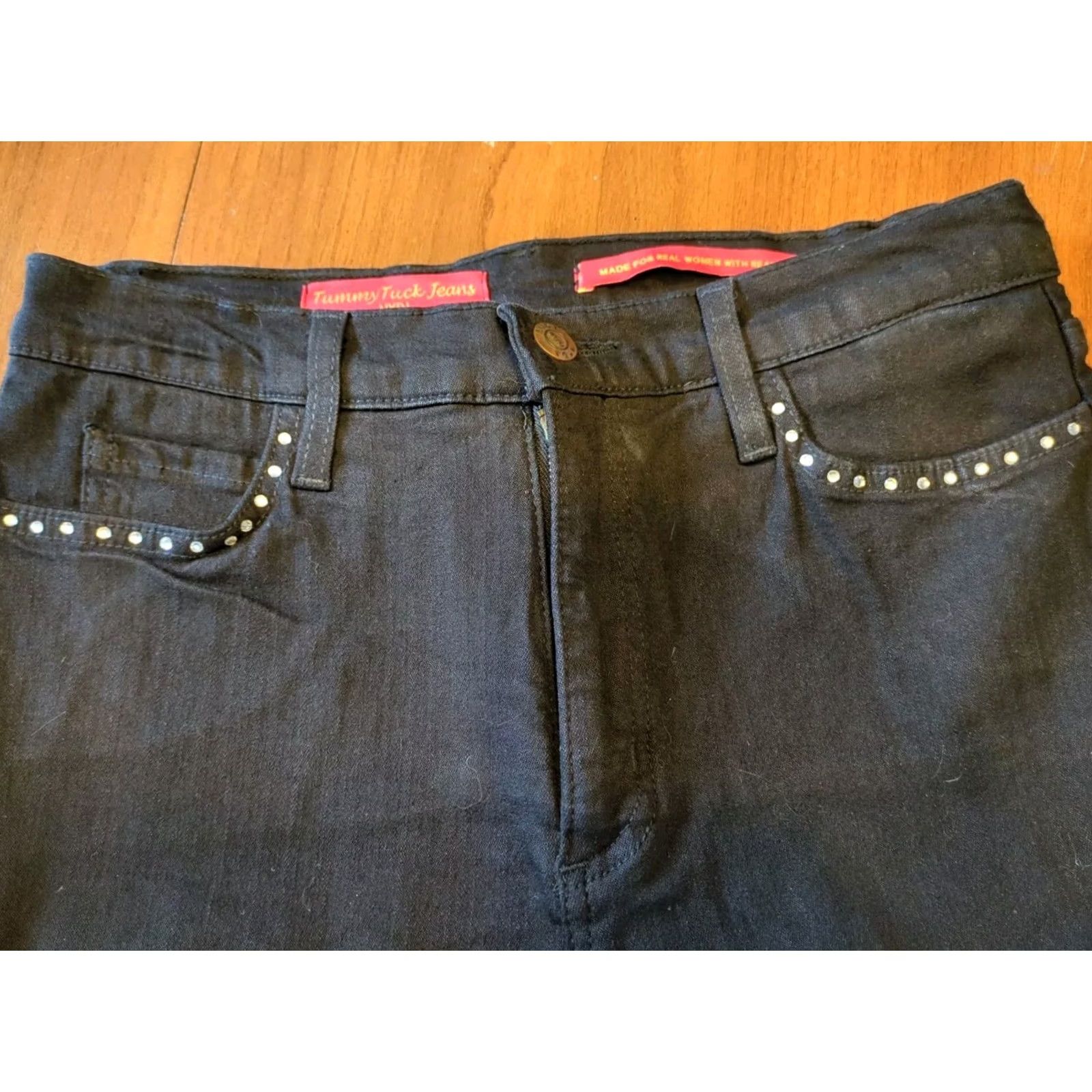 NYDJ VINTAGE NYDJ Tummy Tuck Jeans Denim Black Rhinestone Women's 6 US Made USA Slim Stretch Jeans Women Size 28" / US 6 / IT 42 - 3 Thumbnail