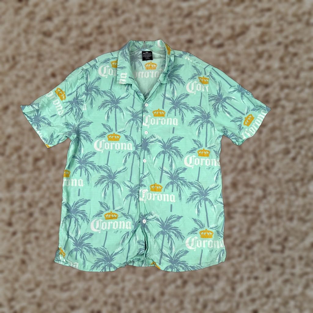 Vintage Corona Shirt Men Large Blue Palm Tree Logo All Over Print Hawaiian 100% Rayon Size US L / EU 52-54 / 3 - 1 Thumbnail