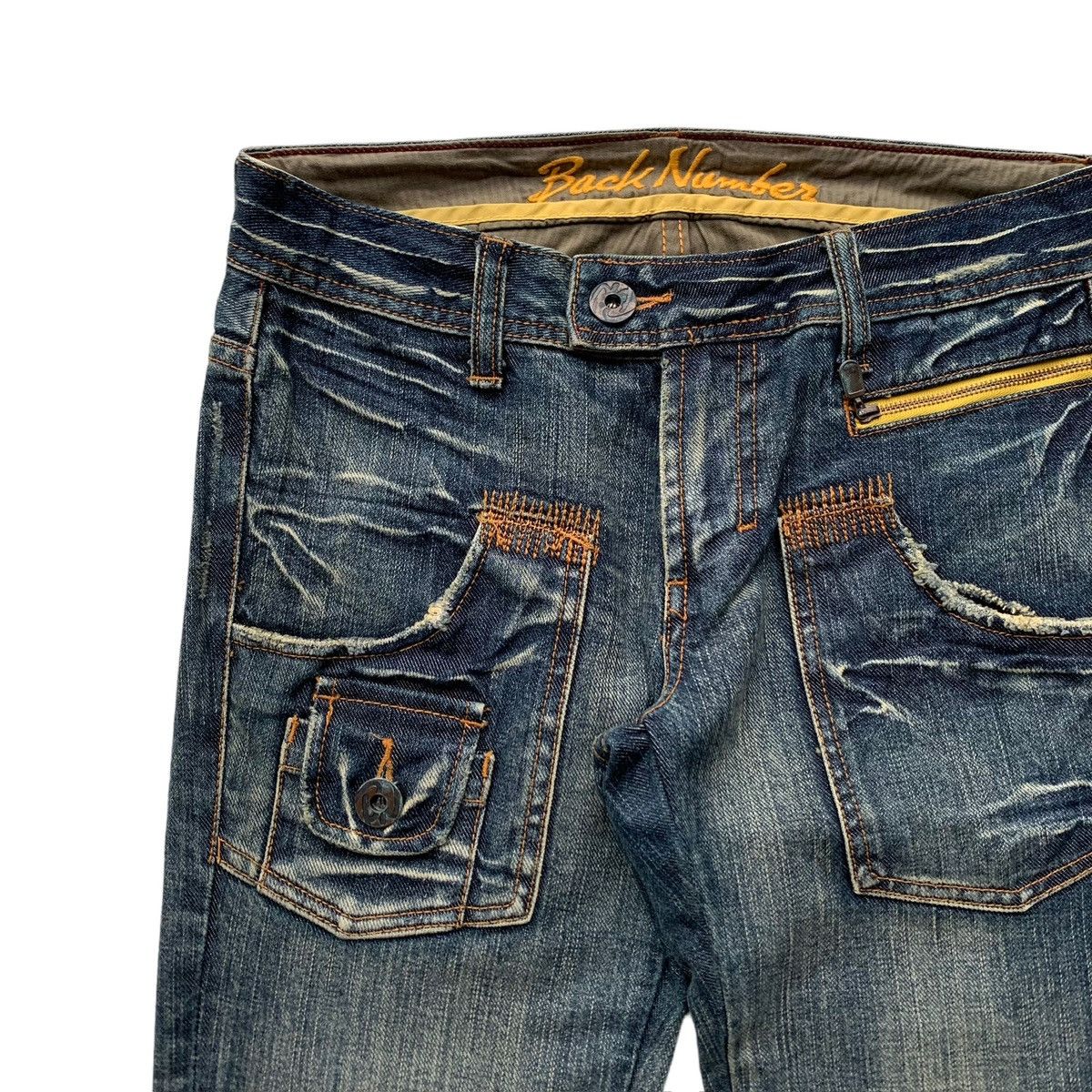 Japanese Brand × Vintage 2000s Back Number Blue Wash Distressed Fatigue Flared Jeans Size US 28 / EU 44 - 3 Thumbnail