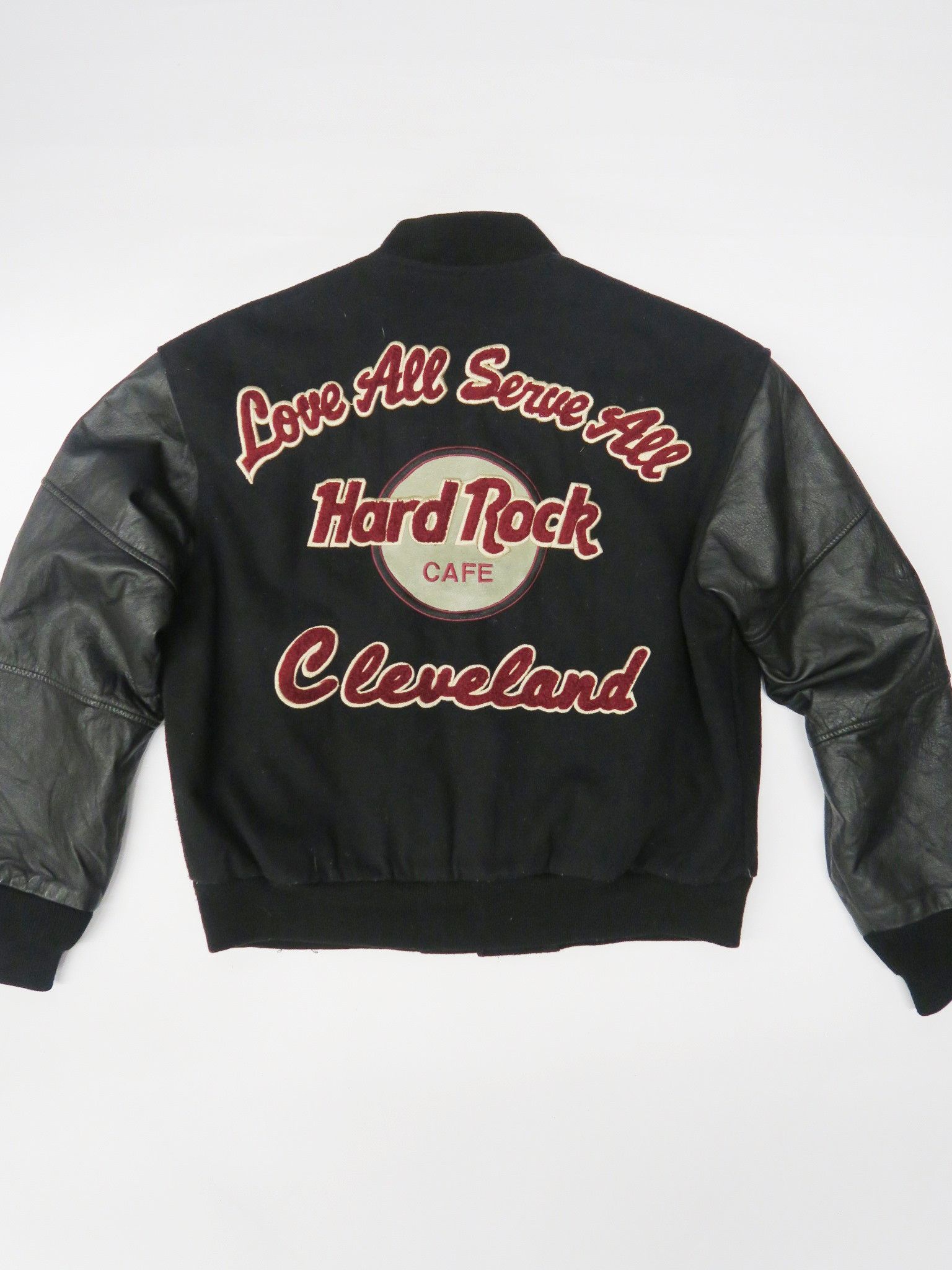 image of Hard Rock Cafe Varsity Vintage Leather Jacket Cleveland in Black, Men's (Size Small)