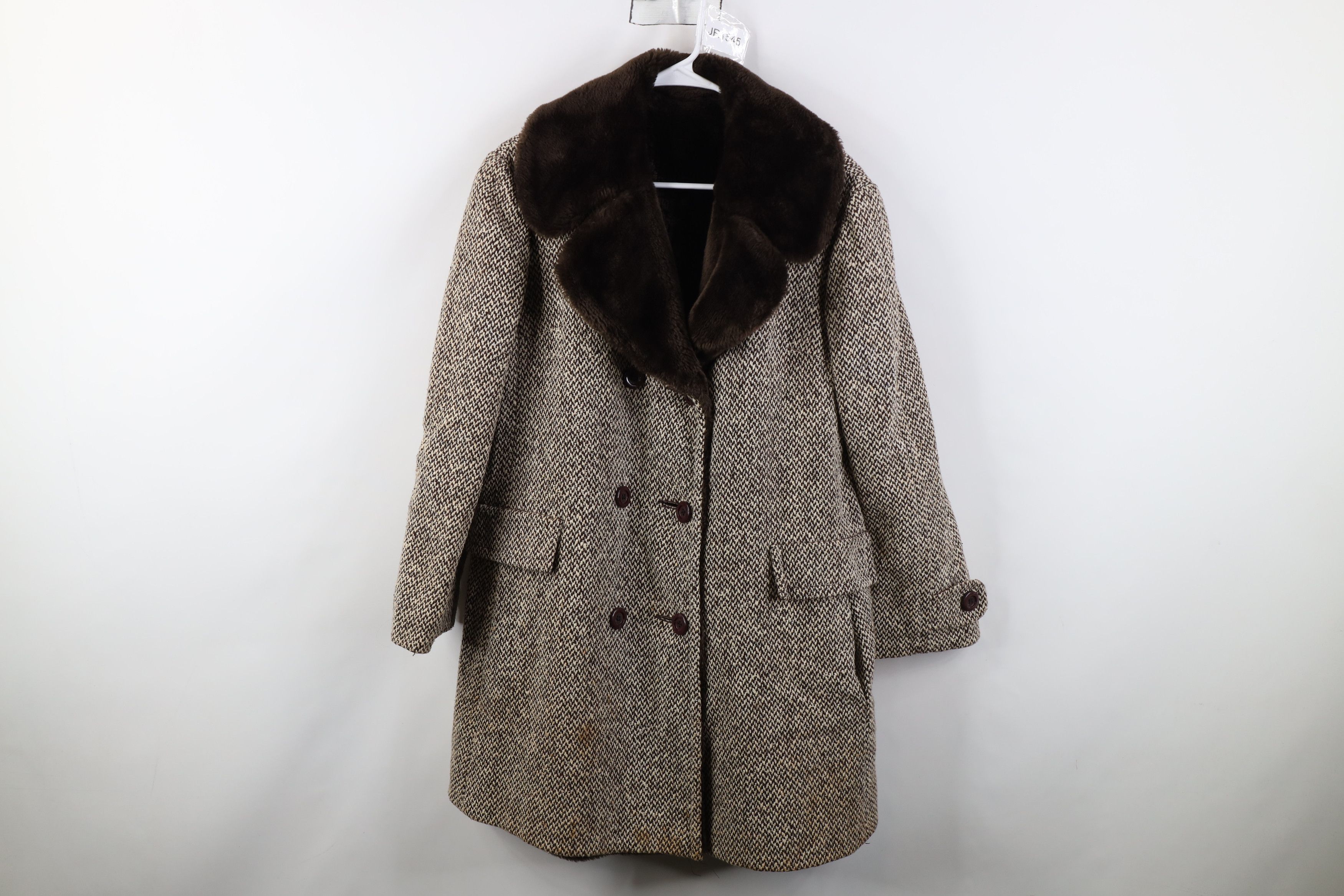 Vintage Vintage 60s 70s Fur Double Breasted Wool Tweed Coat Jacket Size L / US 10 / IT 46 - 1 Thumbnail