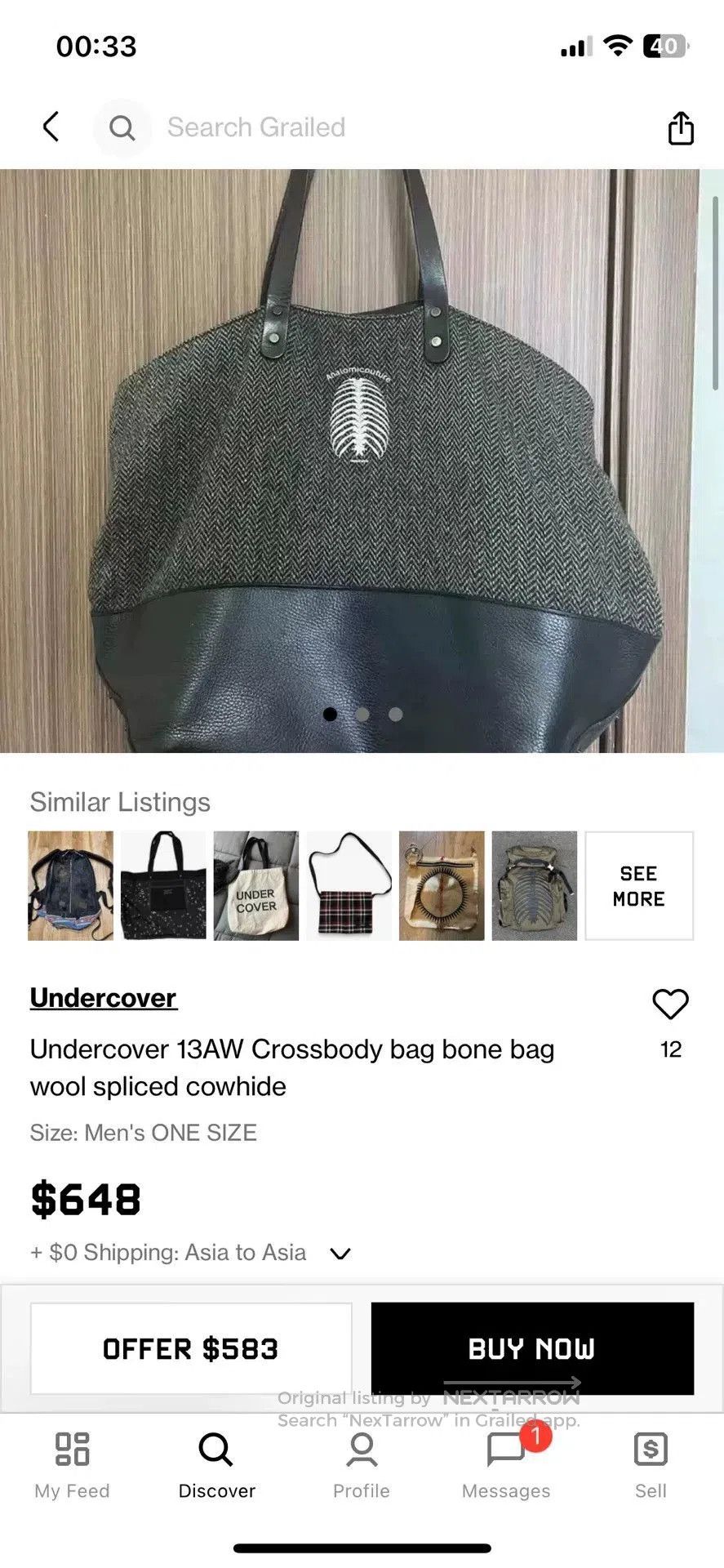 Undercover harris tweed tote bag with leather base. Size ONE SIZE - 7 Thumbnail
