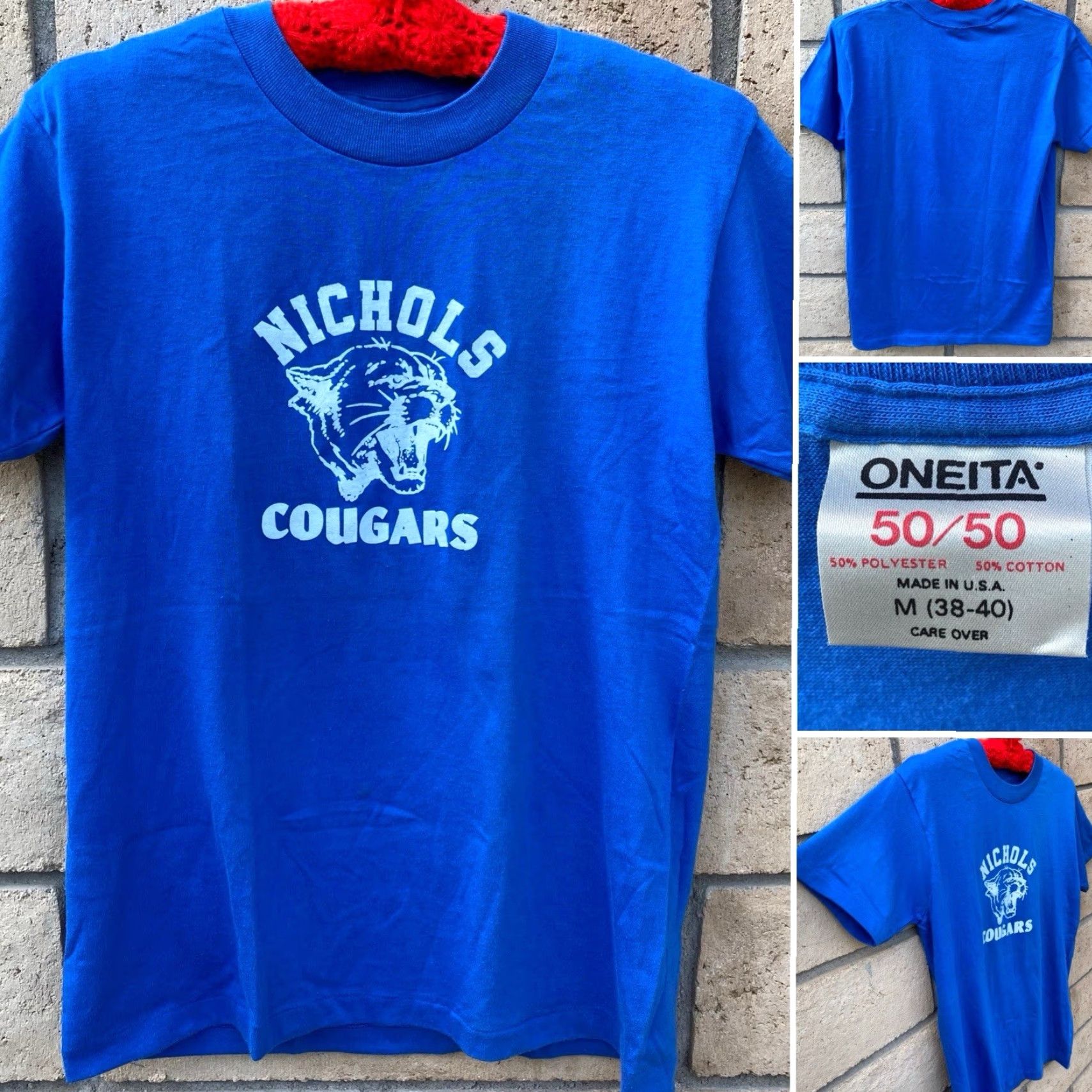 Vintage VINTAGE Oneita Nichols Cougars T-Shirt Graphic Print Blue 50/50 Male Adult M Short Sleeve Crew Neck 1980s 1990s Animals School Mens Size US M / EU 48-50 / 2 - 2 Thumbnail